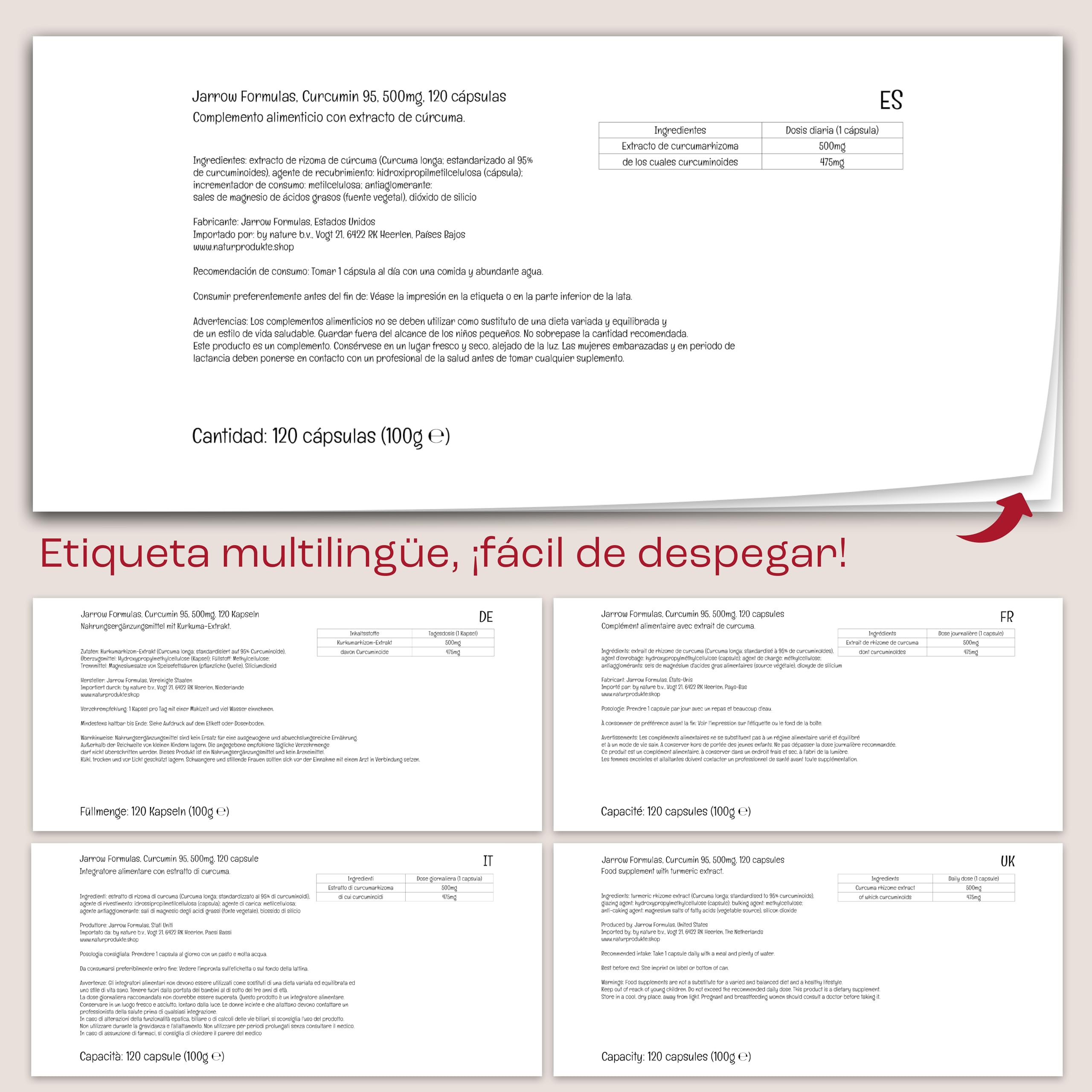 Jarrow Formulas Curcumina 95 Extracto de Cúrcuma 500mg 120 Cápsulas veganas Sin Gluten No GMO