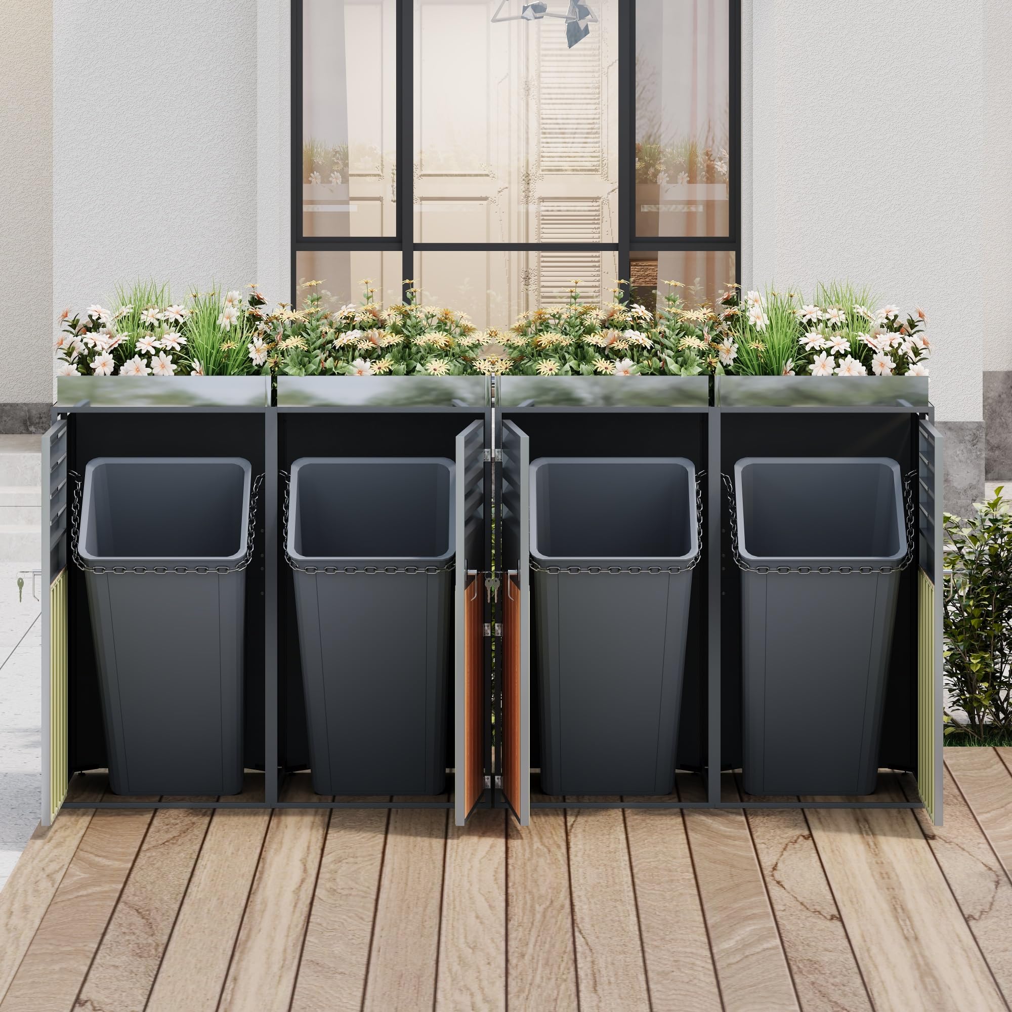 Merax Mülltonnenbox 4er mit Pflanzdach, Abschließbarer Mülltonnenschrank aus verzinktem Stahl, Mülltonnenverkleidung mit Lüftungsöffnung & Lamellen,Viertüriges Türen, für Garten & Terrasse