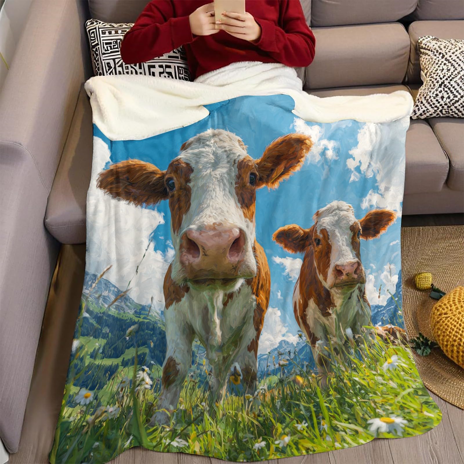 Aquarelle Couverture Polaire 220 x 240 cm Animal Vache Plaid Flanelle Doux et Chaud Jeté de Lit ou Canapé Couverture Confortable Enfant Adulte