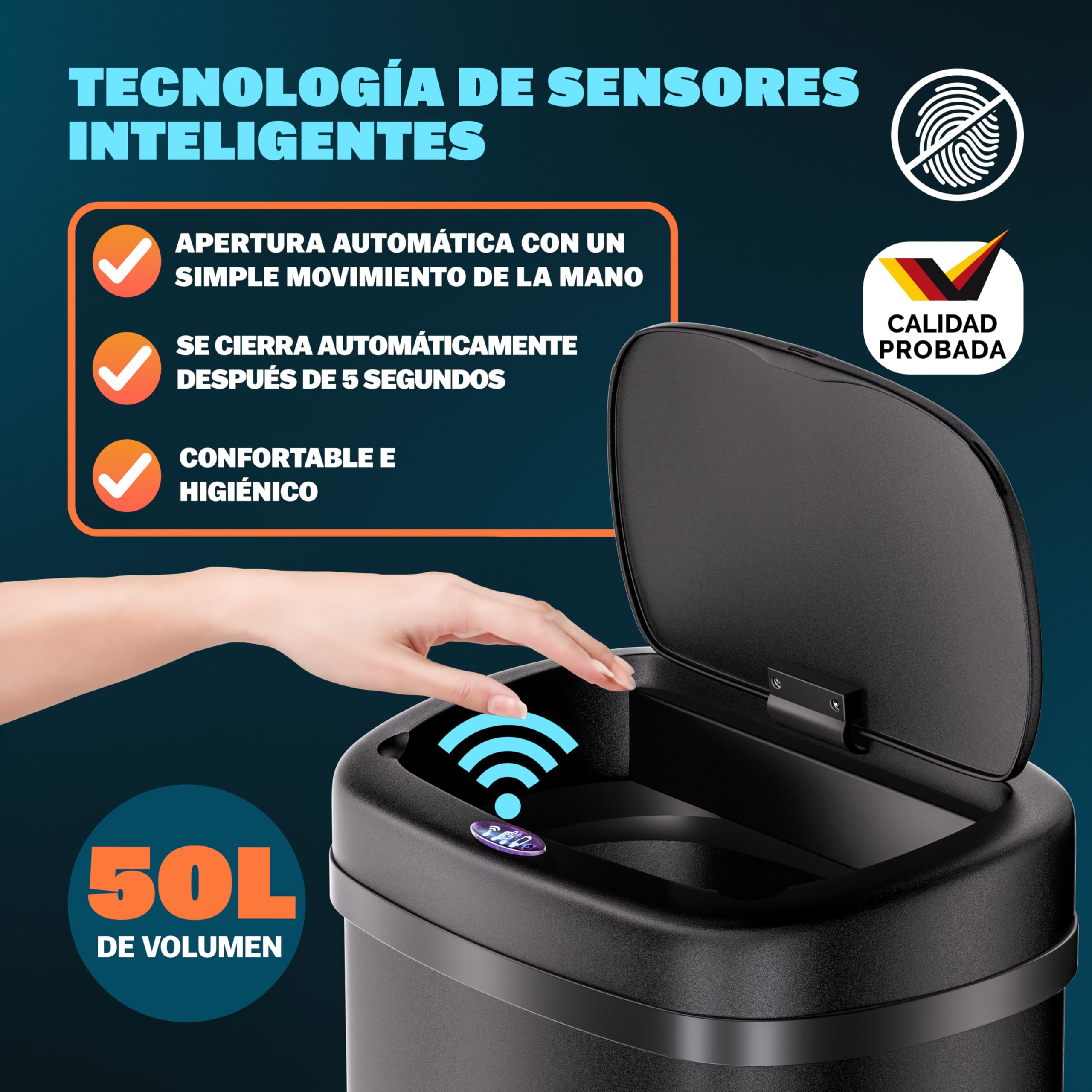 Monzana® Cubo de Basura Sensor Cocina 50L Acero Inoxidable Tapa Automática Extraíble Anillo Seguridad incl. Cable USB Indicador LED Casa Oficina Negro