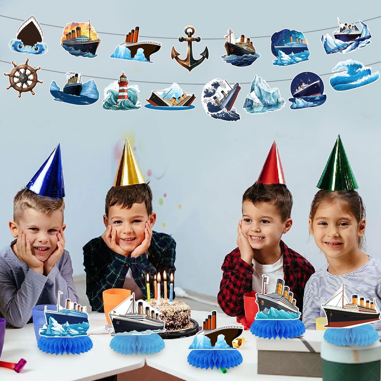 Nautical Themed Birthday Party Decorations for Ocean Ferry Banner Backdrop Honeycomb Centerpiece Hanging Swirl for Cruise Ship Party Supplies Decor
