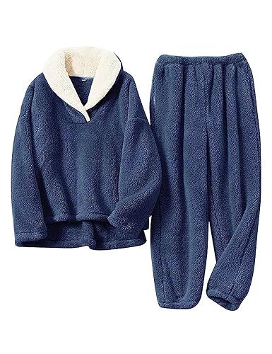 SPSHODOW Fleece Pyjamas for Women Winter Fluffy pjs Loose Loungewear Plush Comfy Loose Sleepwear - XL - Blue1