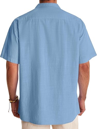 Vista 2 de Alimens & Gentle Men's Linen Shirts Short Sleeve Button Down Shirts Casual Summer Beach Cotton Hawaiian Shirt for Men