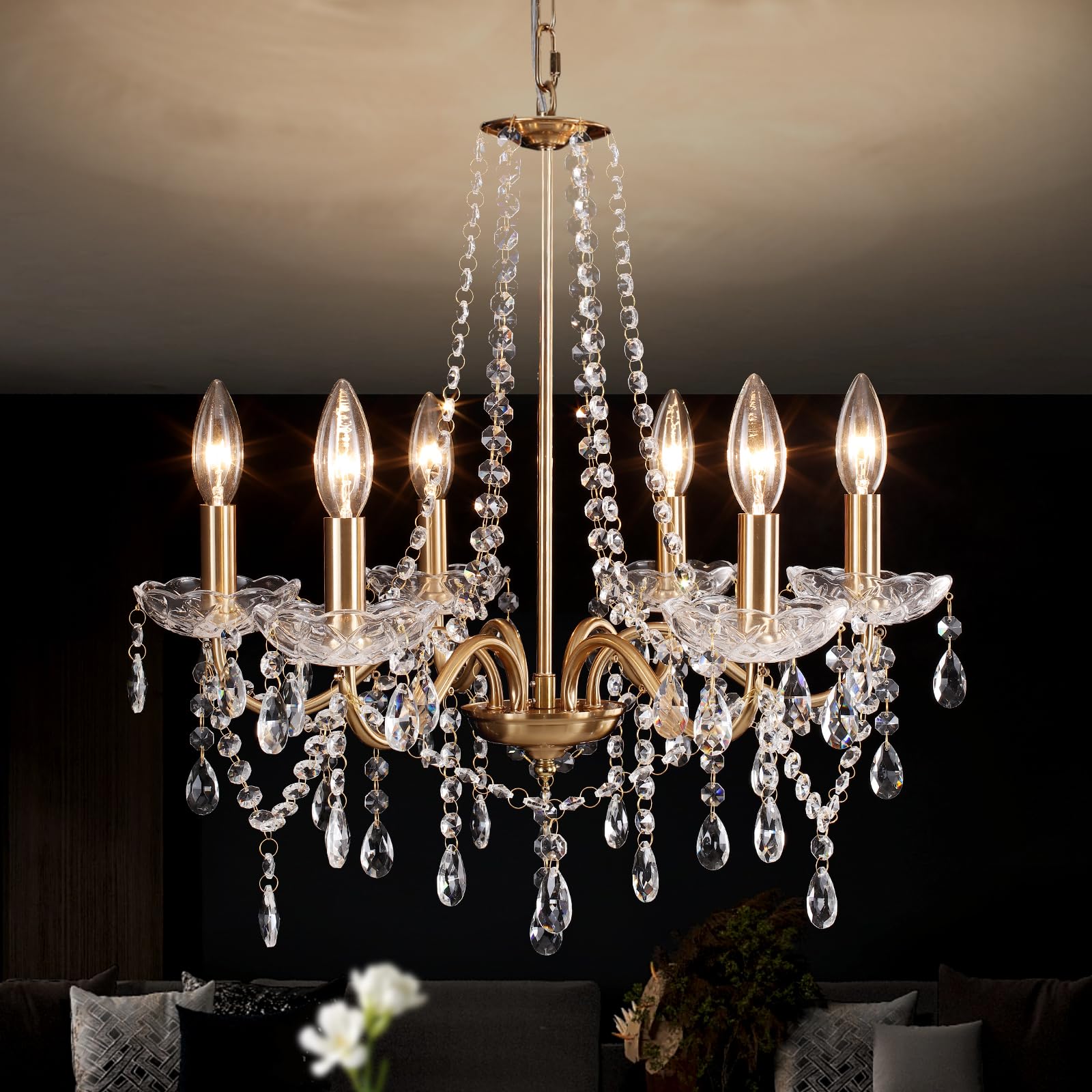 Gold Chandeliers Ceiling Lights, 6 Lights Modern Crystal Gold Chandelier for Dining Room, Crystal Brass Chandelier Lighting Fixture Lamp for Living Room Bedroom Kitchen Bathroom, H 36 x W 41, E14 Base