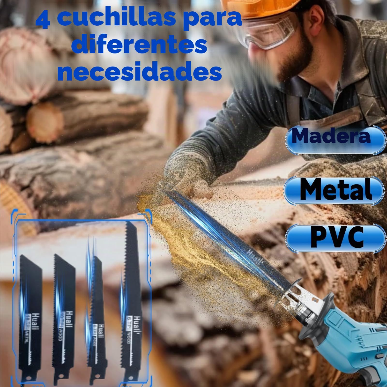 Eléctrica Sierra Sable Inalámbrica 21V con 2 Baterías Cargador 4 Hojas de Sierra, Motor Sin Escobillas con Luz LED, Sierra Alternativa de Velocidad Variable para Metal, Madera, Tubos de PVC y Corte