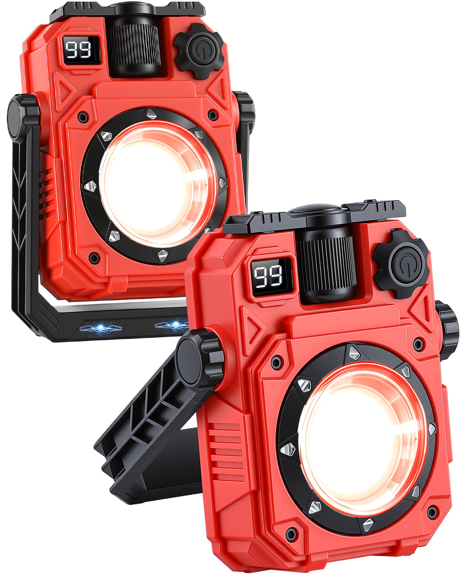 AGPTEK Magnetic Rechargeable LED Work Light with Digital Display, 32 Hours Long Lasting 5000mah Power with Knob Dimming, 5 Modes & 360° Rotatable for Car Repair, Job Site, Emergency (Red, 2 Pack)