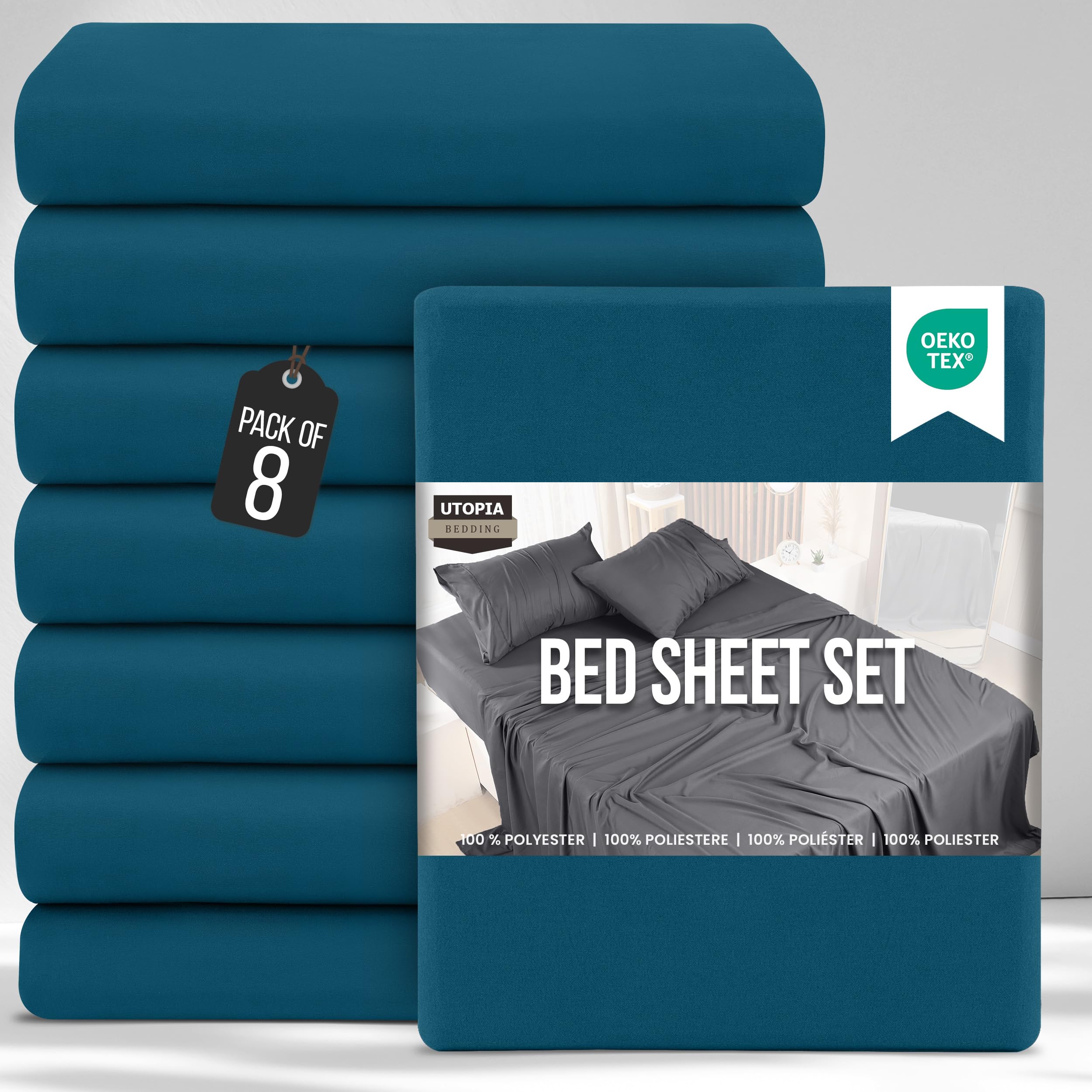 Utopia Bedding Bed Sheets Set Bulk Pack of 8 (Double, Denim Blue) – Fitted Sheet, Flat Sheet with Pillow cases 50x75 – Wrinkle, Shrinkage & Fade Resistant – Soft Brushed Polyester Microfiber Fabric — image 1