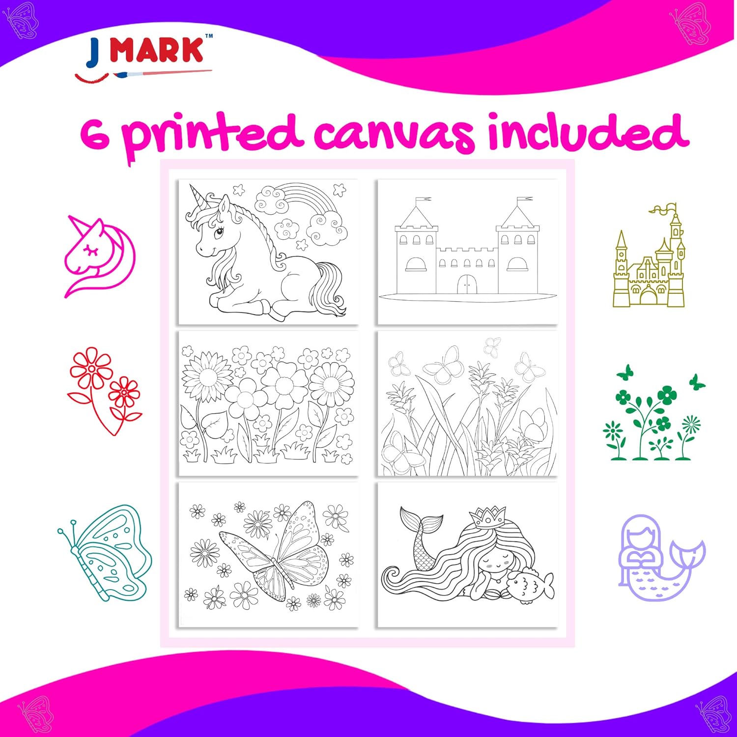 J MARK Kids' Acrylic Painting Kit - Unicorn Castle Theme, 28-Piece Set with Easel, Canvases, Brushes & More, Ages 4-12