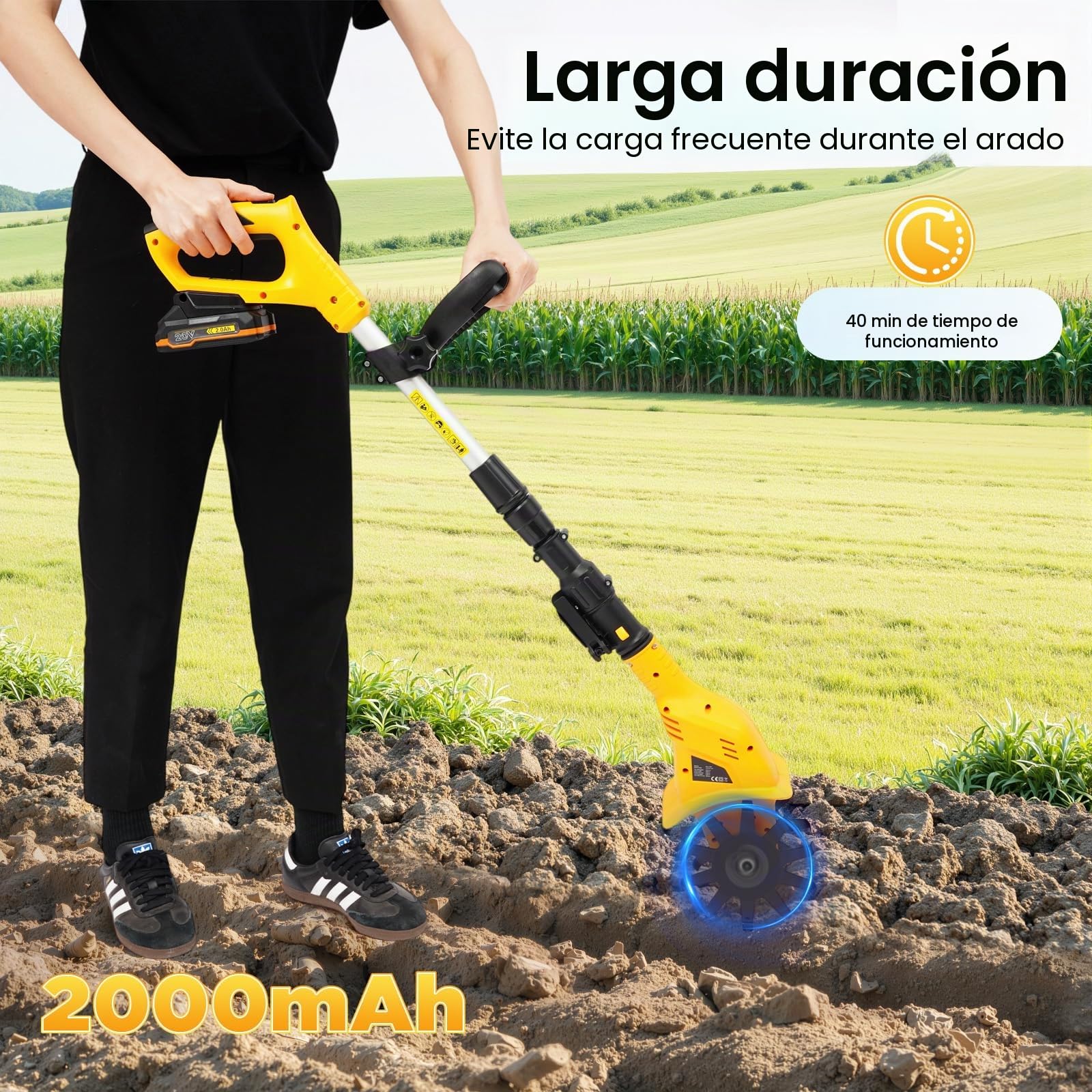 Azada de tierra con batería, 20 V, con pilas, 2,0 Ah, 10 cm, ancho de fresado de 250 rpm, azada eléctrica para parques, jardines, patios, invernaderos, huertos