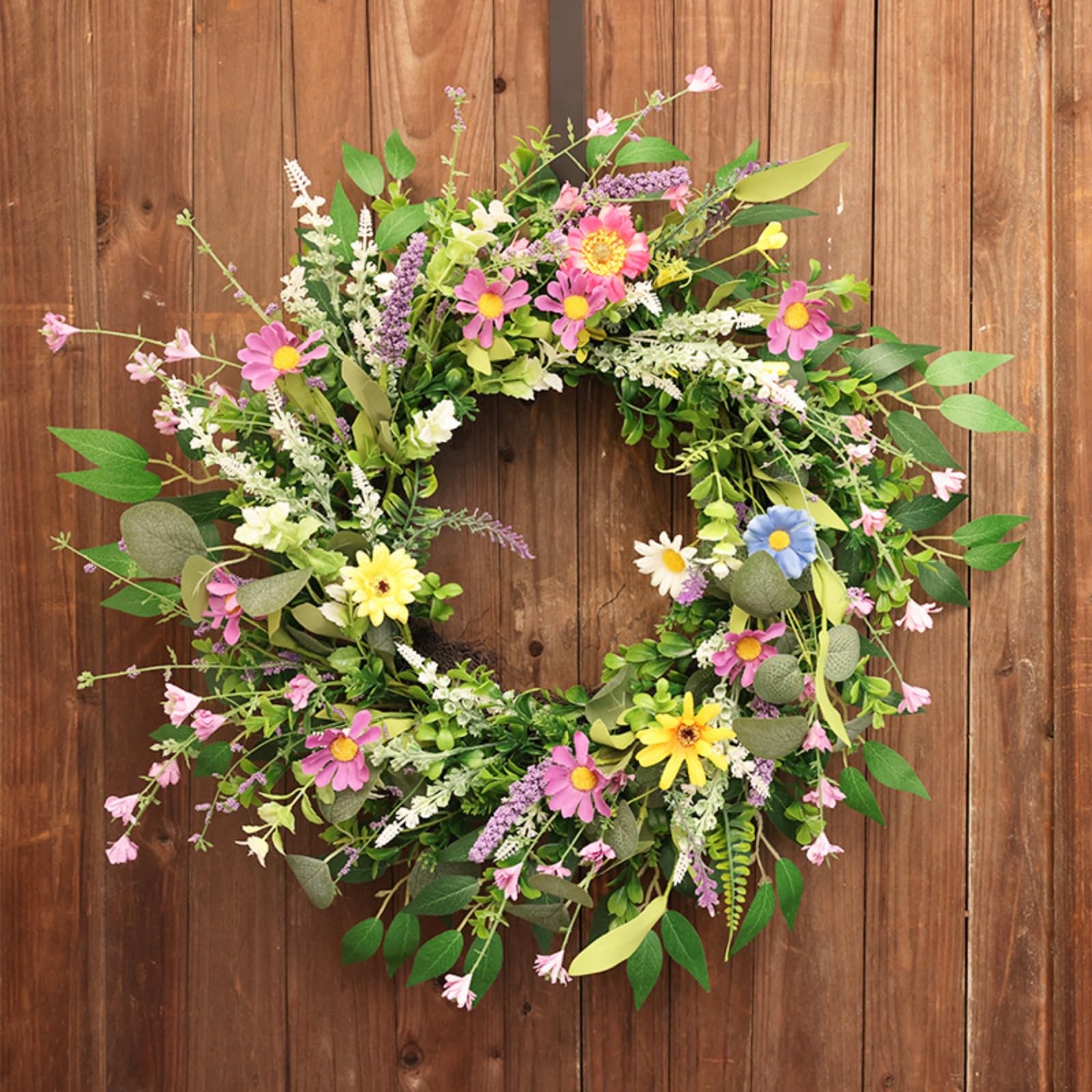 Künstlicher Frühlingskranz mit Bunten Wildblumen, Margeriten und Lavendel, Türkranz für Haustür und Wand, Natürlicher Dekokranz für Frühling und Sommer