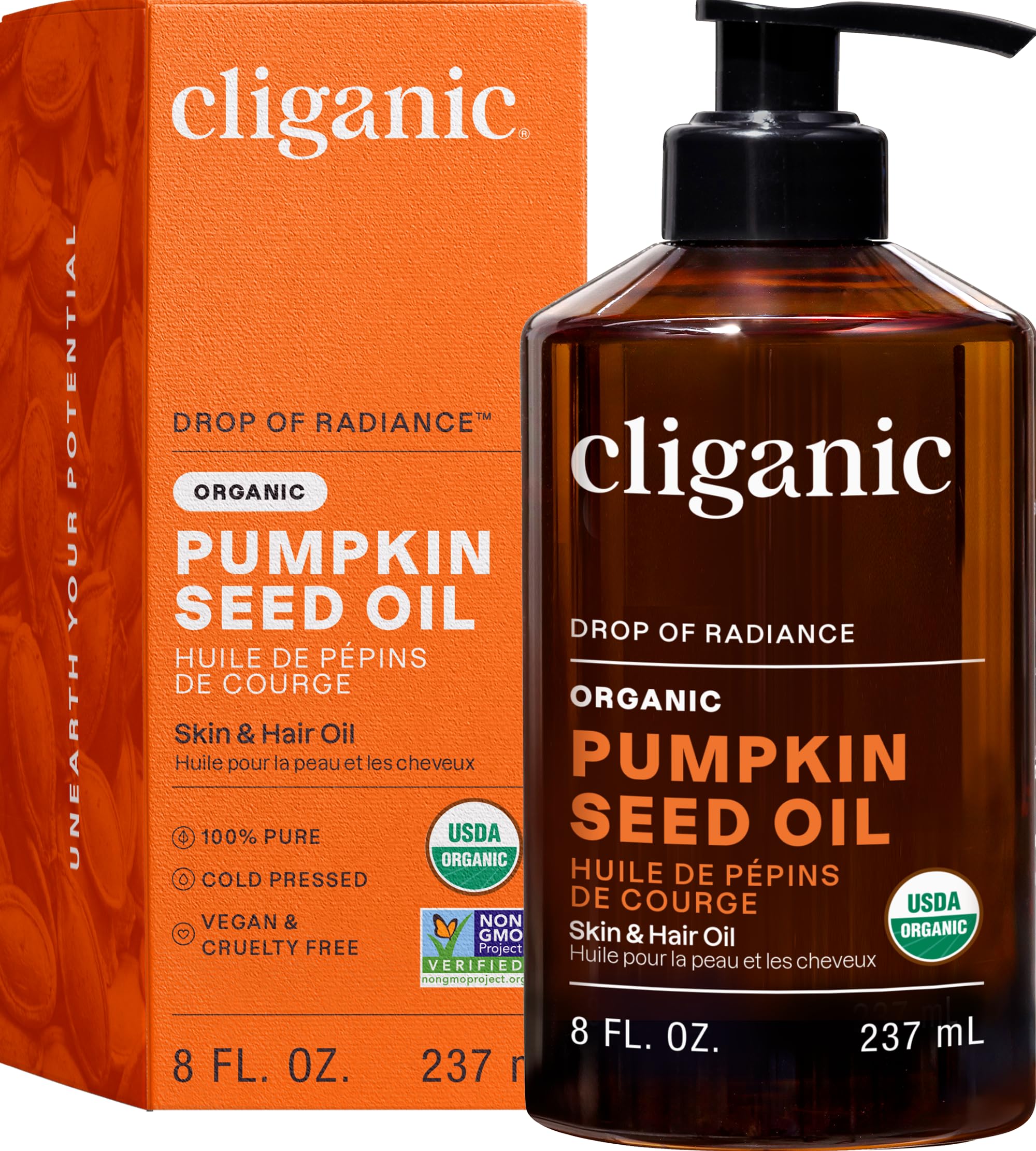 Cliganic Organic Pumpkin Seed Oil, 100% Pure - For Face & Hair | Natural Cold Pressed Unrefined (Packaging May Vary)