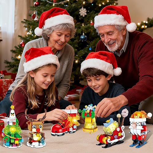 Miniatura 8 de Juego de adornos de Navidad con luz LED, 6 paquetes de botas de árbol de sants de Navidad, gingerbell reno y trineo, juguetes de construcción,