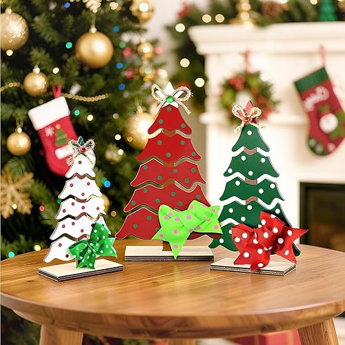 Miniatura 5 de 3 piezas de árboles de Navidad de madera, decoración de mesa, árboles de Navidad rústicos, letreros de madera, centros de mesa de bandeja escalonada