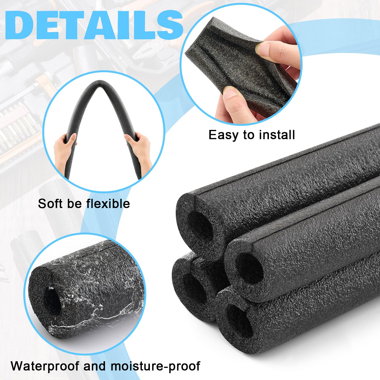 Amylove Lot de 12 tubes isolants en mousse de 3 m pour tuyau d'eau, piscine, nouilles de natation, préservation de la chaleur, couvertures de tuyaux pour extérieur et protection contre le gel (noir