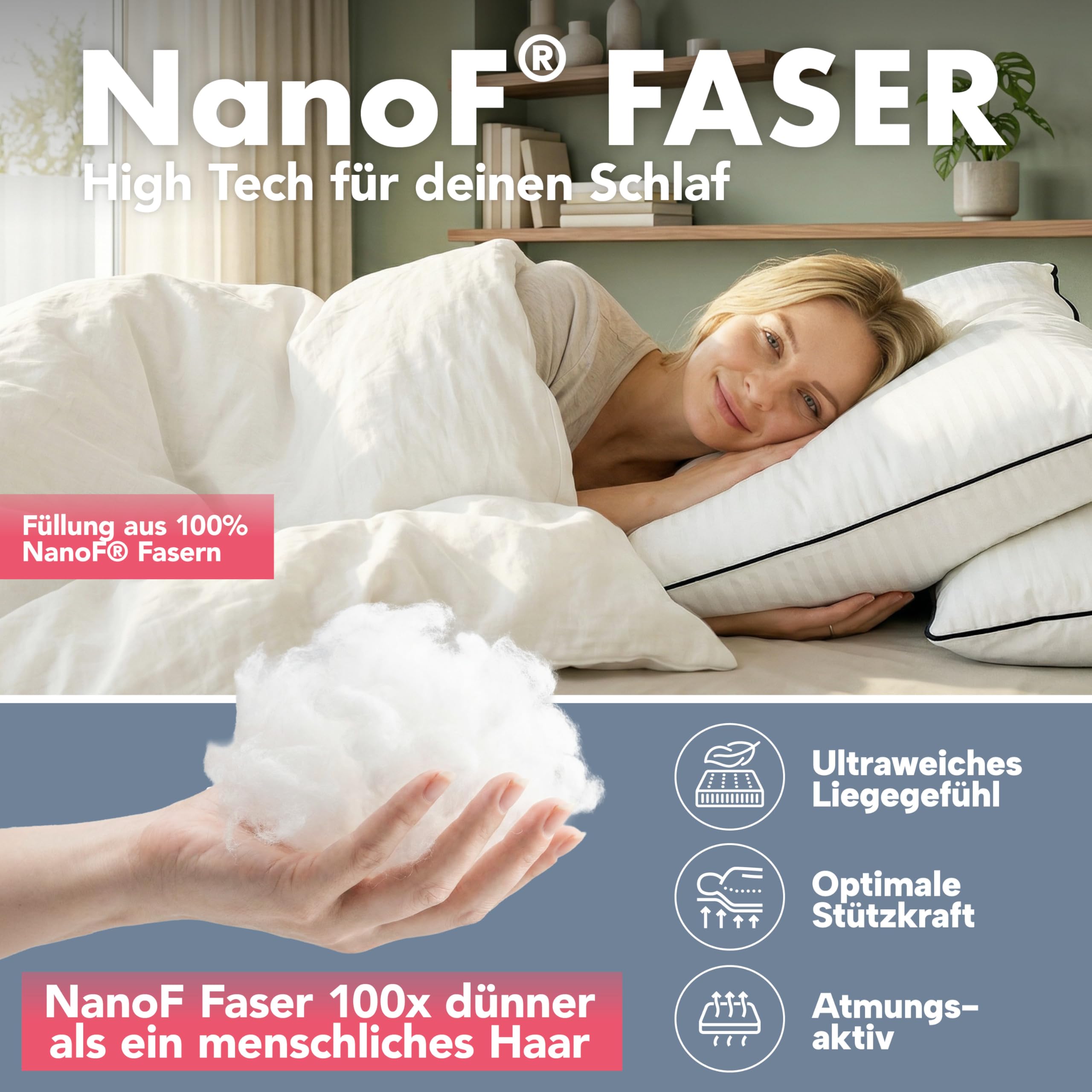 Blumtal Premium Kopfkissen 80x80 cm - Ultra anpassbare Nanofaser-Füllung - Kissen 80x80 mit Paspelierung & Reißverschluss - Oeko-Tex zert. Kopfkissen Seitenschläfer & Rückenschläfer - 95° waschbar