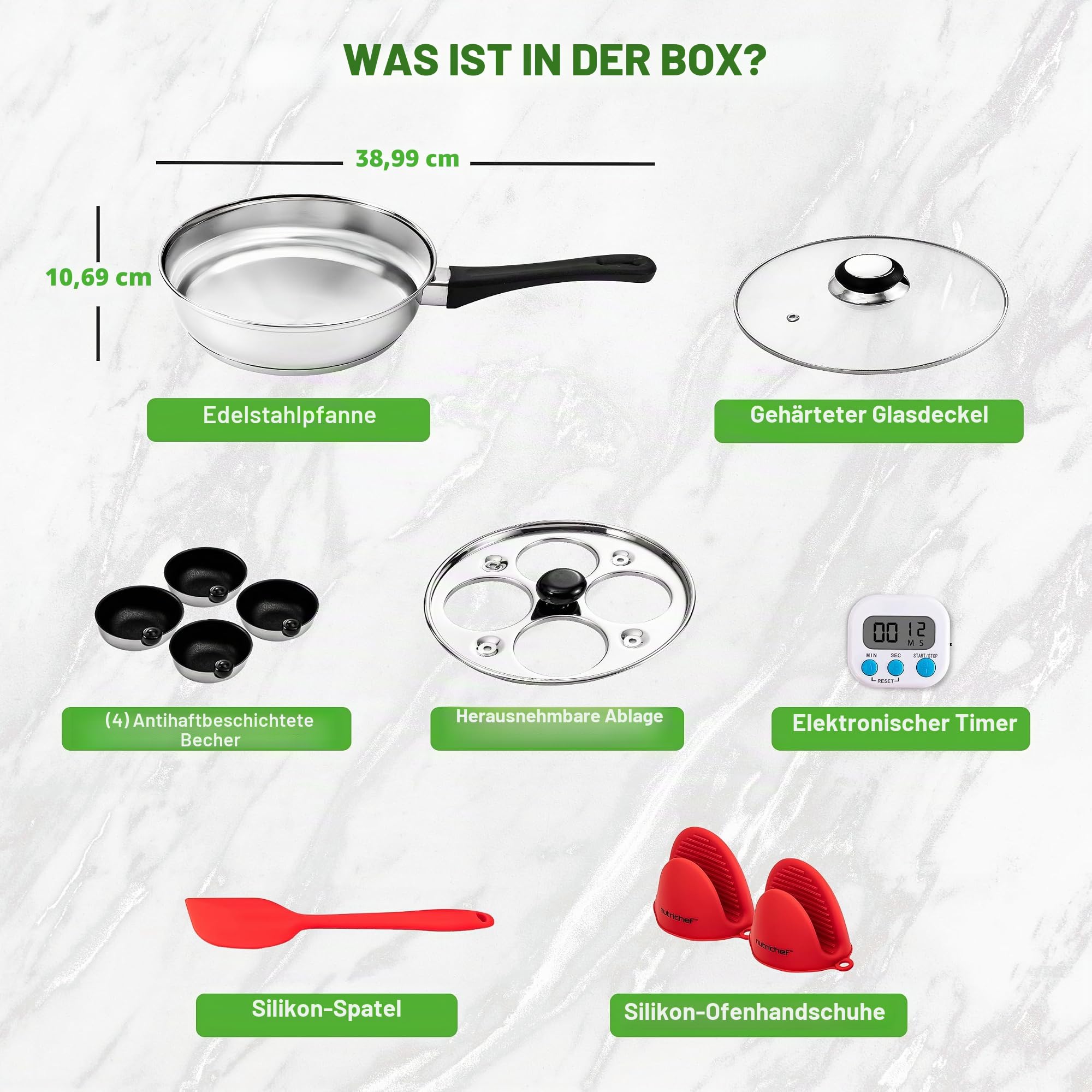NutriChef Eier Pochierer Edelstahl 20 cm– Eierkocher Für 4 Eier, Pochierte Eier Form, Induktionsgeeignetes Mit Glasdeckel, Antihaft Bechern, Timer Und Spatel (Silber)
