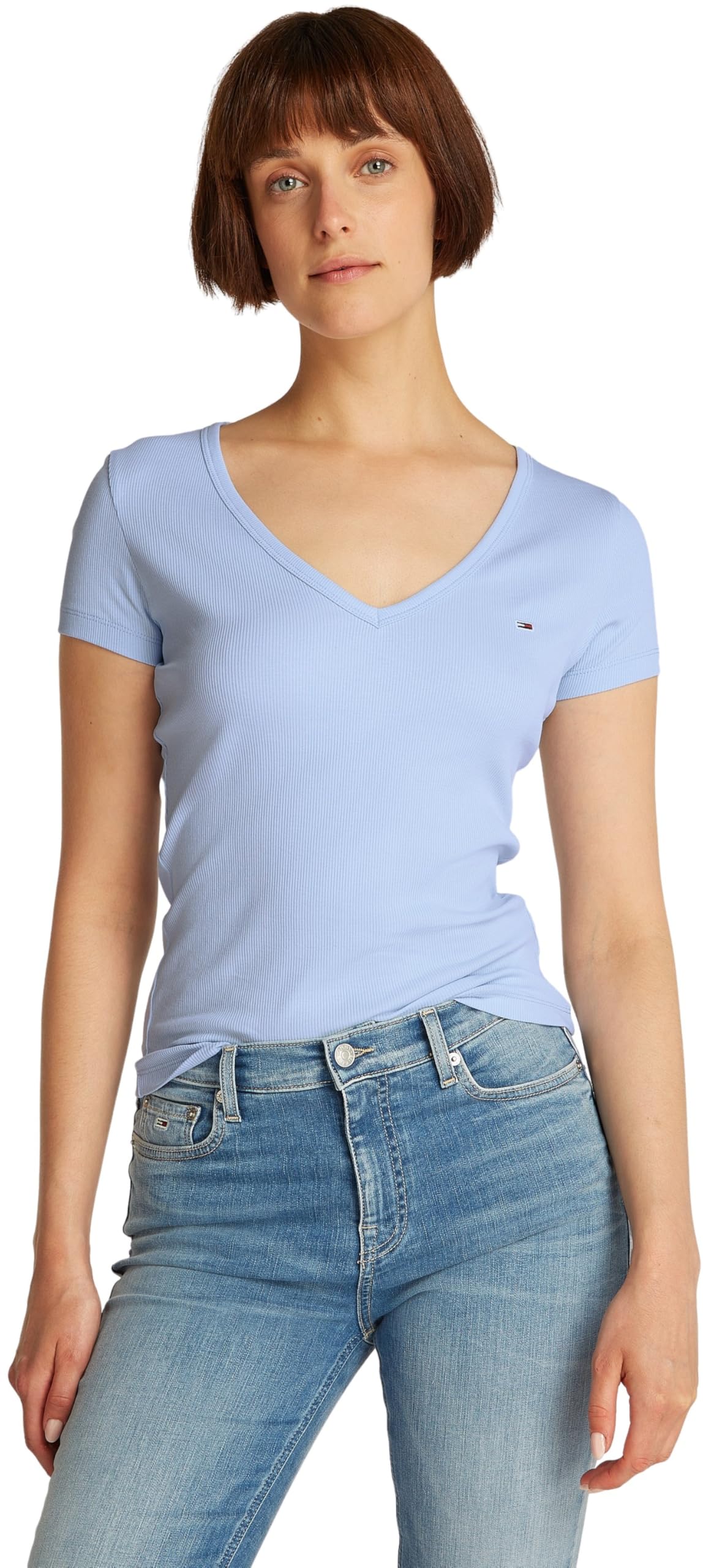 Tommy Jeans Women's Tjw Slim Essential Rib V Ss Dw0dw17385 S/S Knit Tops, Dark Night Navy, S