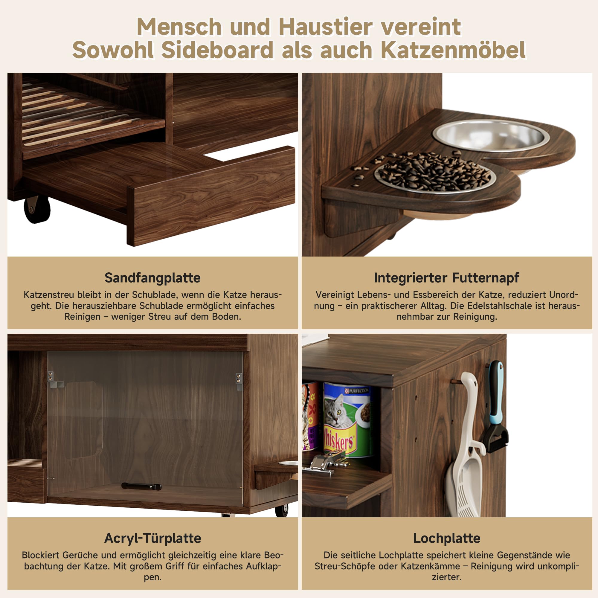 Katzenklo-Schrank, Bewegbar mit Sandauffangschale & Futterstation, Katzentoilettenschrank mit Lochplatte & Aufbewahrungsregal für Katzenzubehör, 100x45.5x67cm Nussbaum