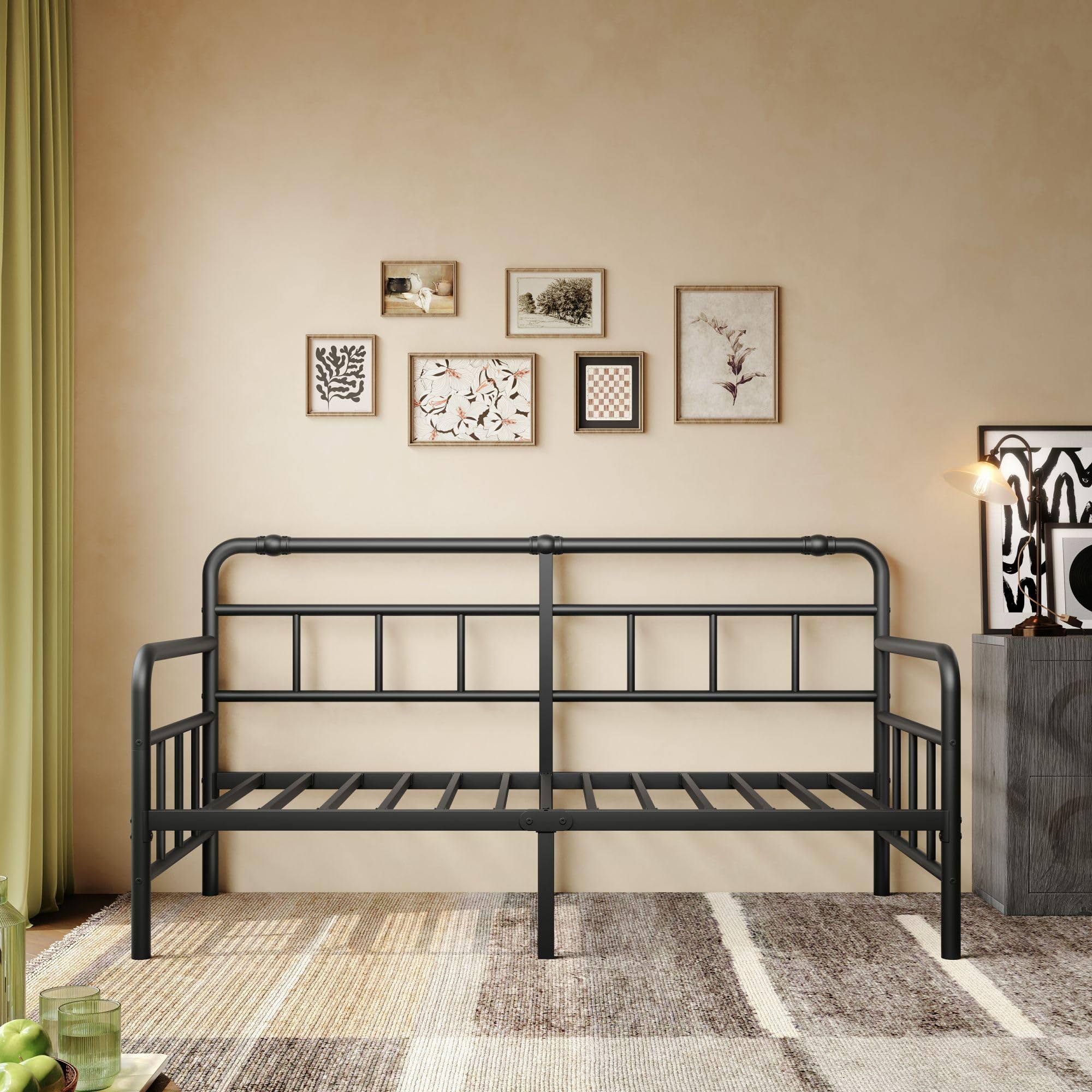 Daybed-Frame, Twin-Daybed with Classic-Headboard - Heavy Duty Steel Slats,Metal Sofa Bed Frame for Living Room Bedroom Guest Room, Easy Assembly(Black)