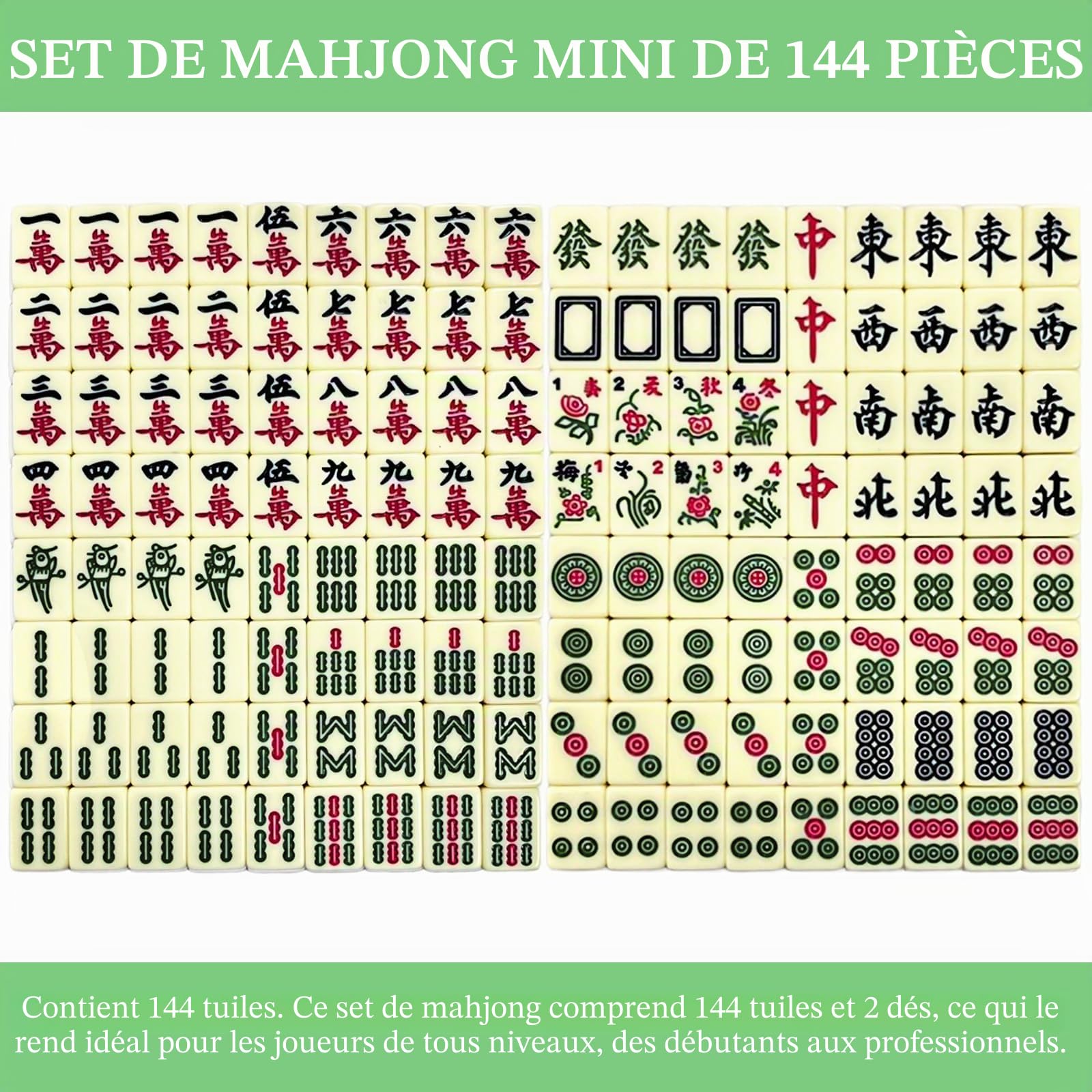 Mini Jeu de Mahjong 24mm, Jeu de société Portable Traditionnel avec 144 tuiles, 4 chevalets et 2 dés, Jeu de Voyage Compact et Tactique pour Adultes (Blanc Ivoire)