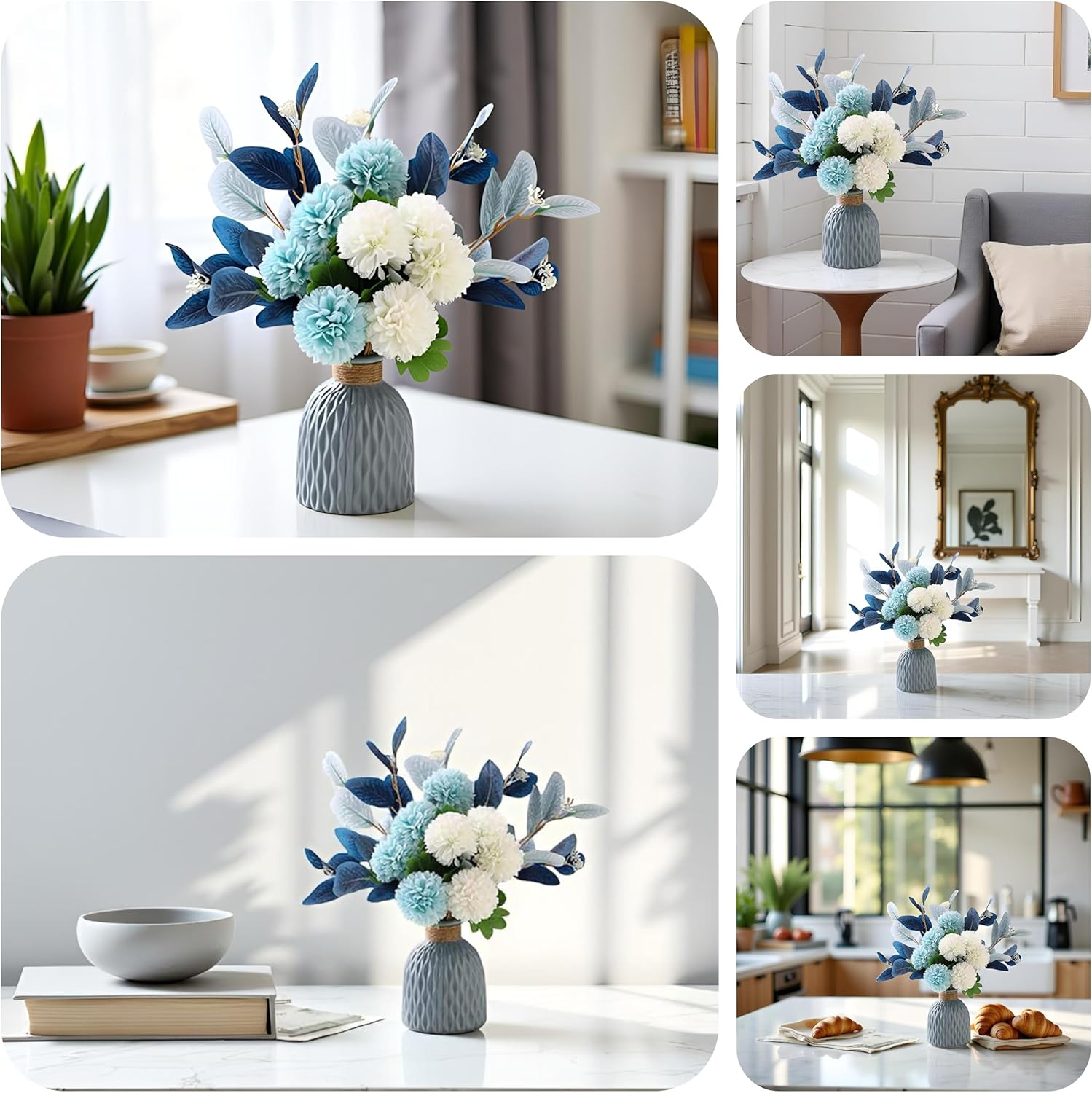 LADADA Blue Artificial Flower Bouquet in Ceramic Vase, White and Blue Ball Chrysanthemum with Eucalyptus, Minimalist Desk Decor for Office Home Centerpiece