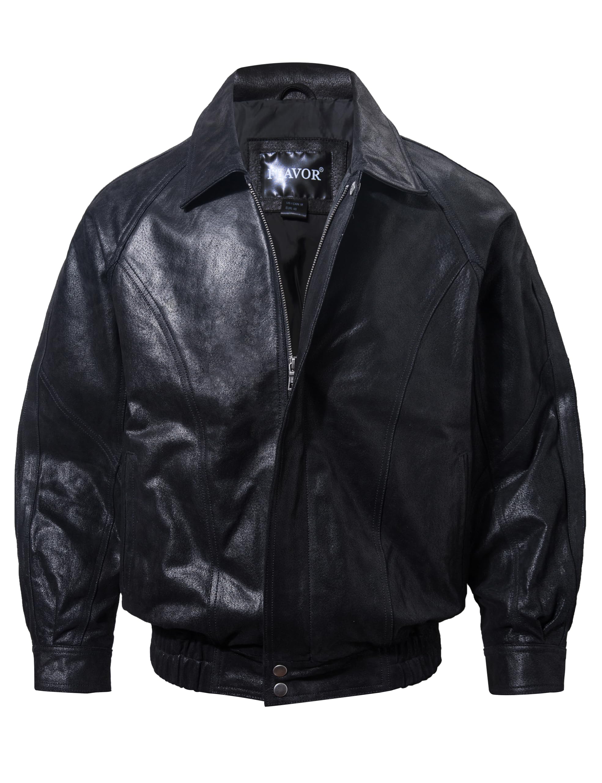 FLAVOR Men Casual Leather Bomber Jacket Classic Aviator Flight Jacket Black L Black