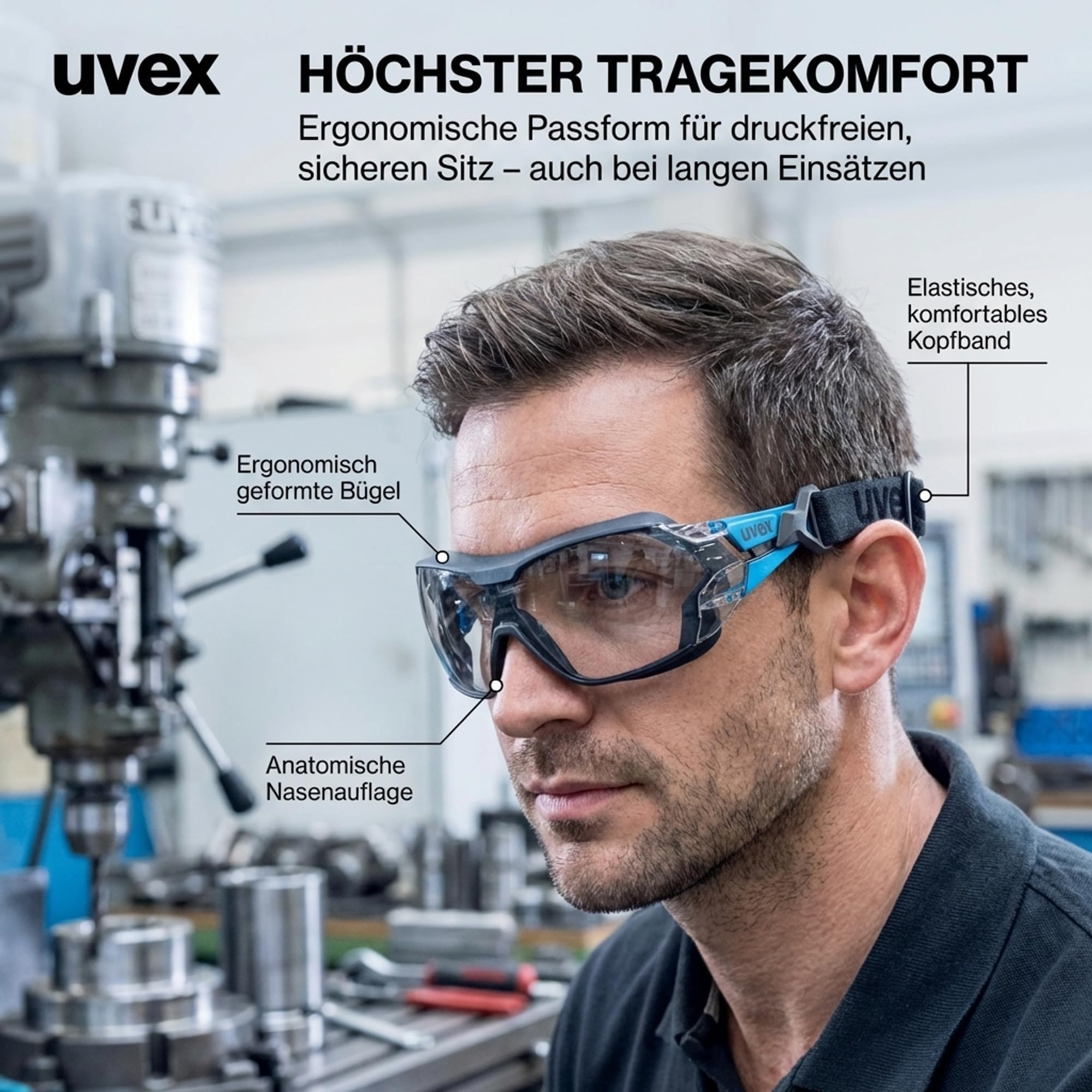 Uvex pheos nxt guard Gafas de seguridad con protección UV 100%, sin condensación, exteriores extremadamente resistentes a los arañazos y sin metales, con diadema, transparente, azul/antracita
