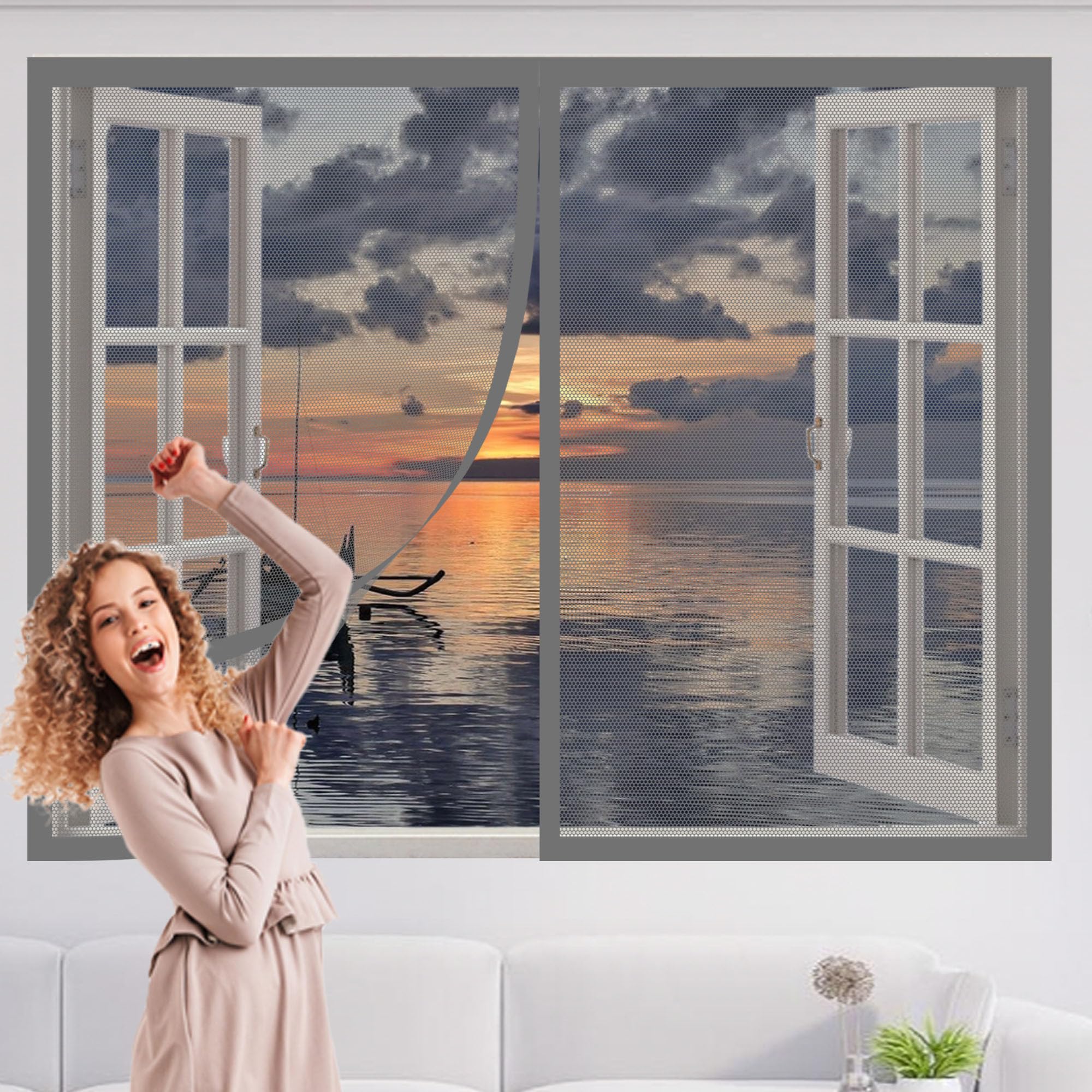 Gouer Grey Magnetic Window Fly Screens Windows 130 X 170 Cm Selfadhesive Tape Mosquito Net Window Easy Installation For Home, Office, Bedroom, Living Room Kitchen,