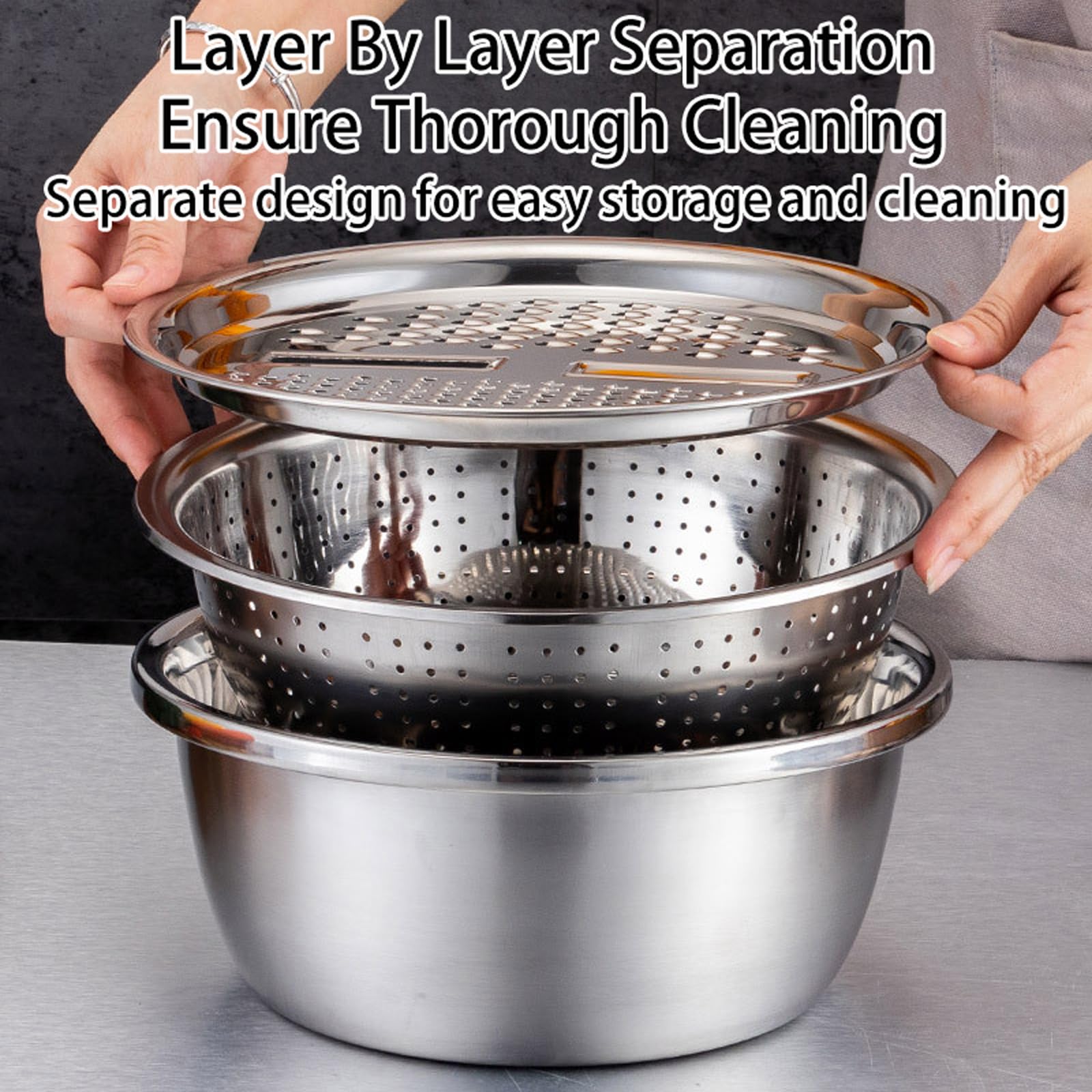 Multifunctional Stainless Steel Basin, Scolapasta in Acciaio Inox con Ciotola e Grattugia, Ciotola per Riso, per Insalata, Frutta, Riso, Pasta, Preparazione Metallic,26CM/10IN