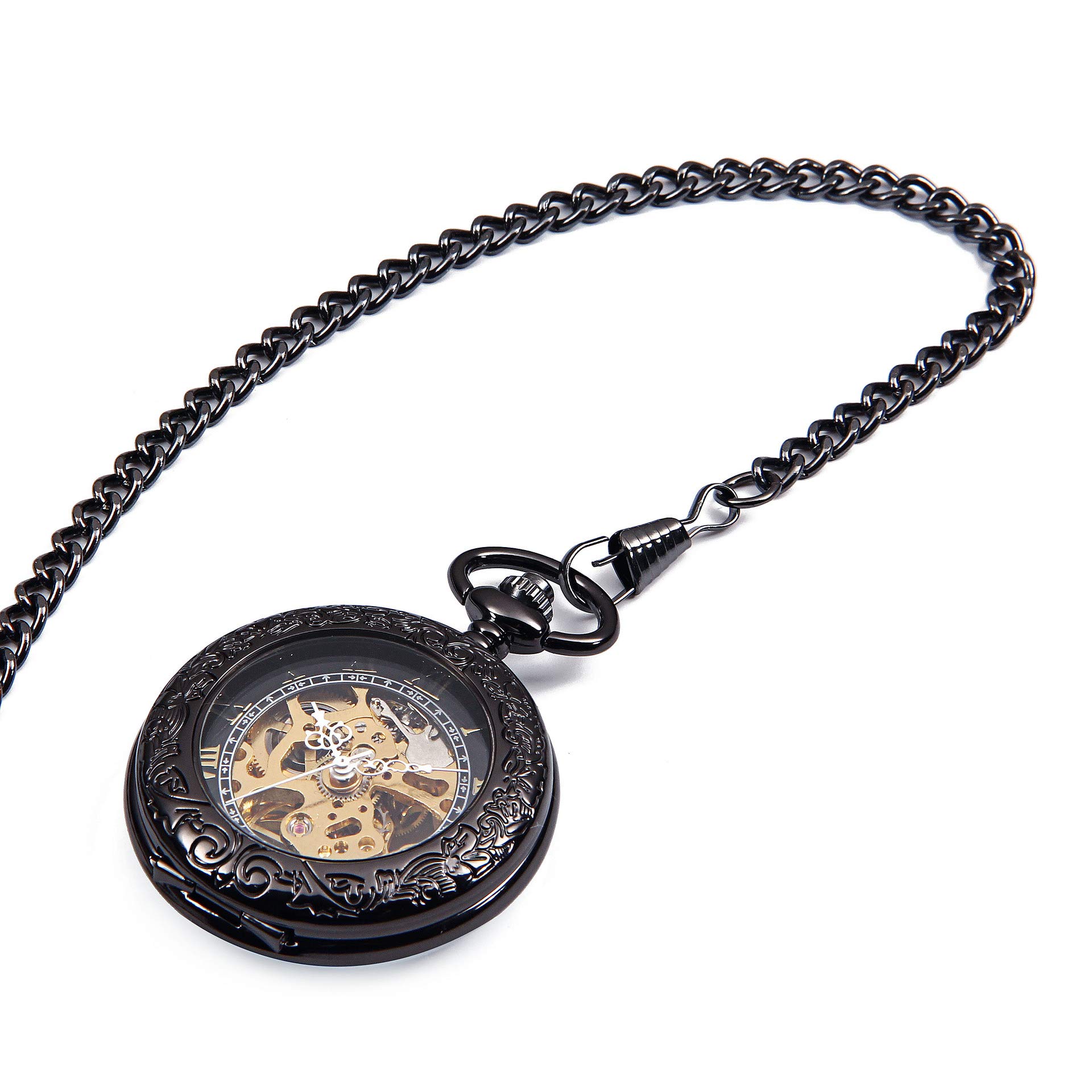 Steampunk Vintage Roman Litery Design Case Mechaniczny zegarek kieszonkowy z łańcuszkami na prezenty świąteczne, Czarny