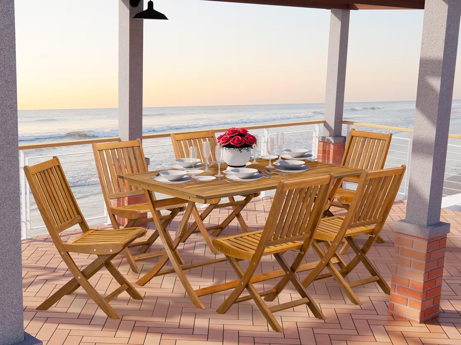 East West Furniture AEDK7CWNA 7 Piece Patio Bistro Dining Furniture Set Consist of a Rectangle Outdoor Acacia Wood Table and 6 Folding Side Chairs, 36x60 Inch, Natural Oil