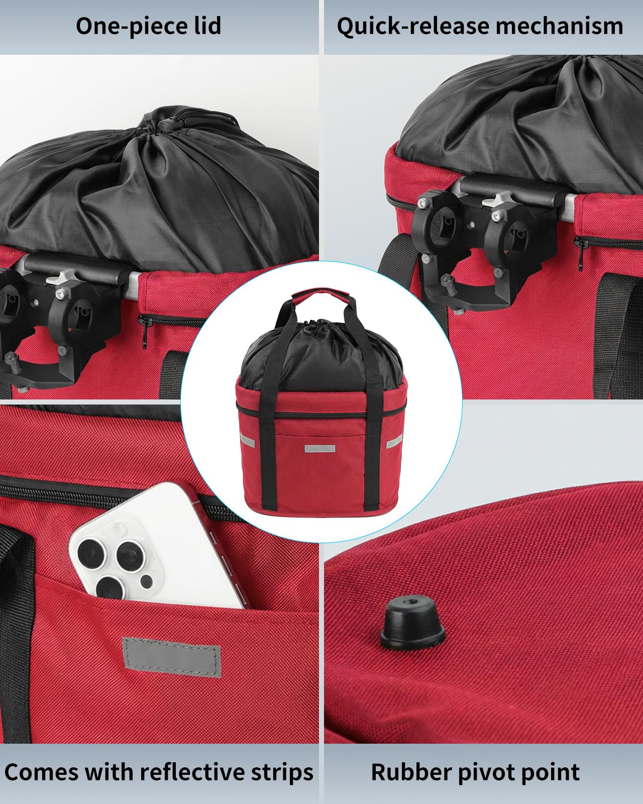Cestino Bicicletta Anteriore, Cestino Rimovibile per Bicicletta Anteriore con Fissaggio rapido Pieghevole Fino a 5kg di Carico Cestino per Animali,Borsa per la Spesa,Campeggio All'Aperto, Rosso