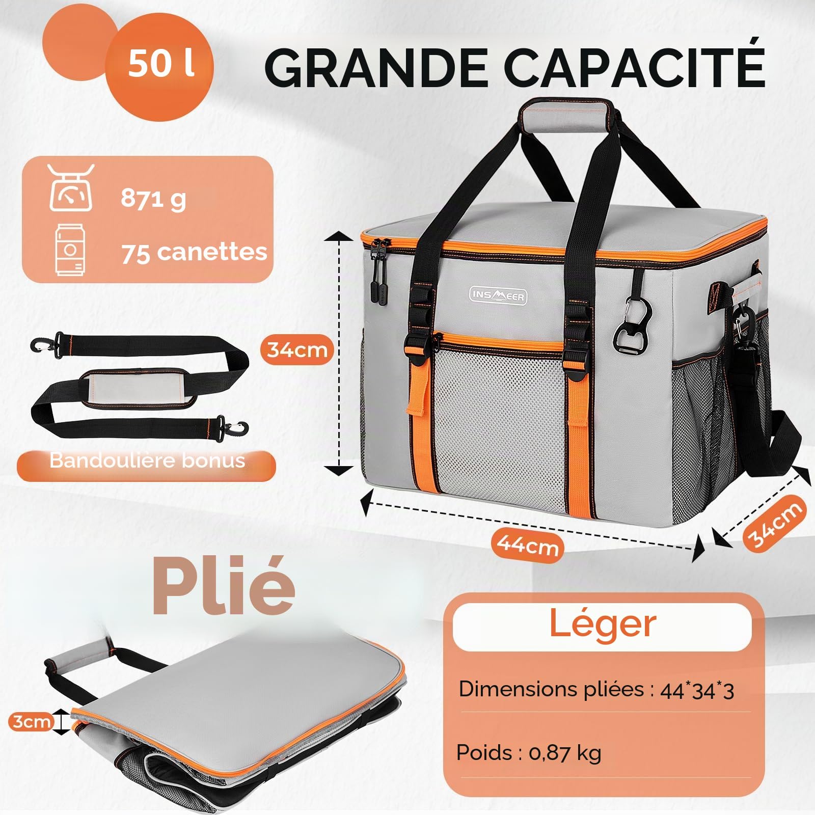 INSMEER Grand sac isotherme pliable de 50 l pour 80 canettes, pliable/anti-fuite avec ouvre-boîte, sac de pique-nique/glacière pour camping, plage, pique-nique, excursions en famille pour 4 personnes
