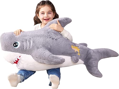IKASA Juguete de peluche de tiburón grande, tiburón gigante de 39 pulgadas, lindos juguetes suaves jumbo, enorme tamaño grande, esponjoso, de gran