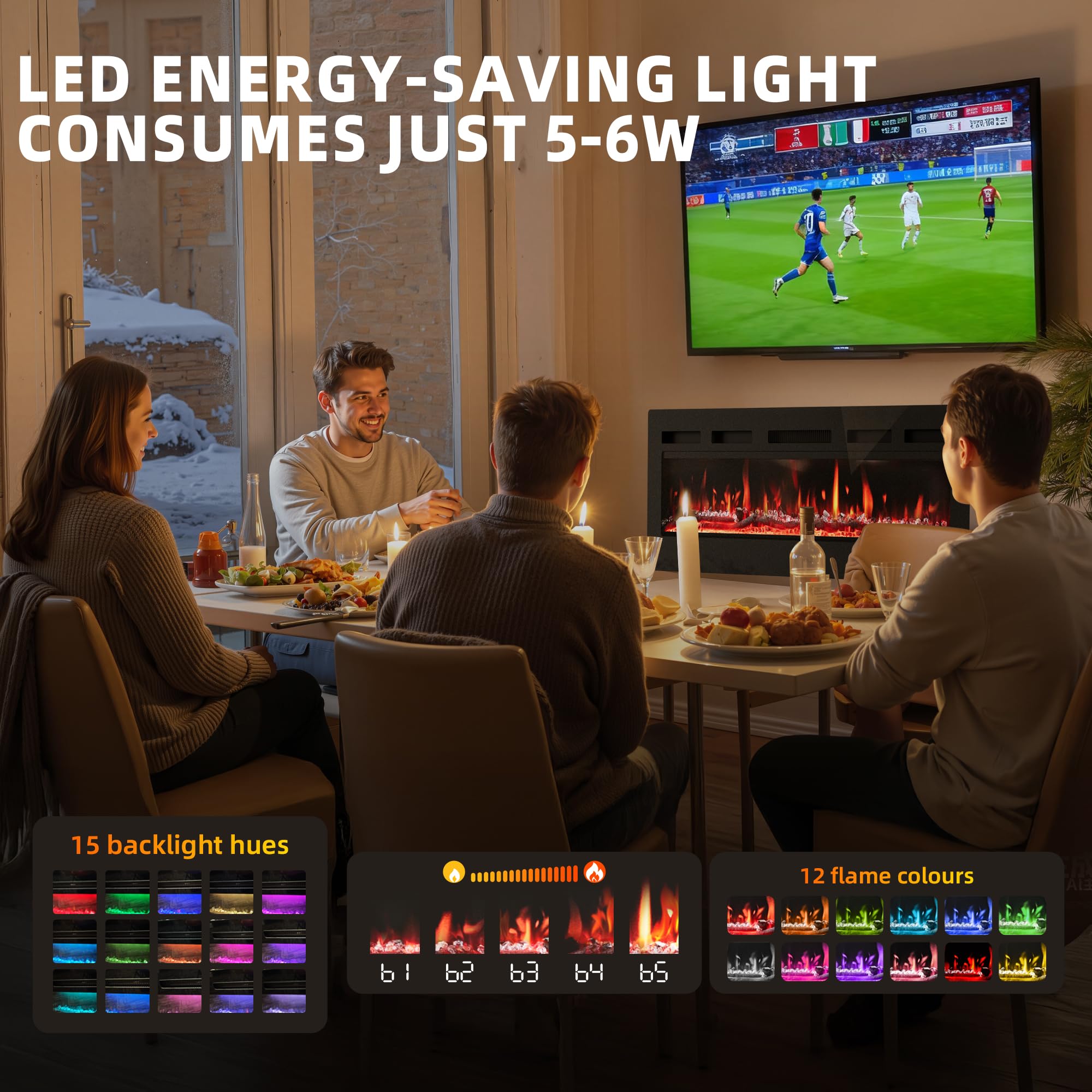 Camino Elettrico 92cm 900W/1800W Fiamma 12 Colori Scintillio Termostato Preciso 15-30°C Touchscreen Telecomando