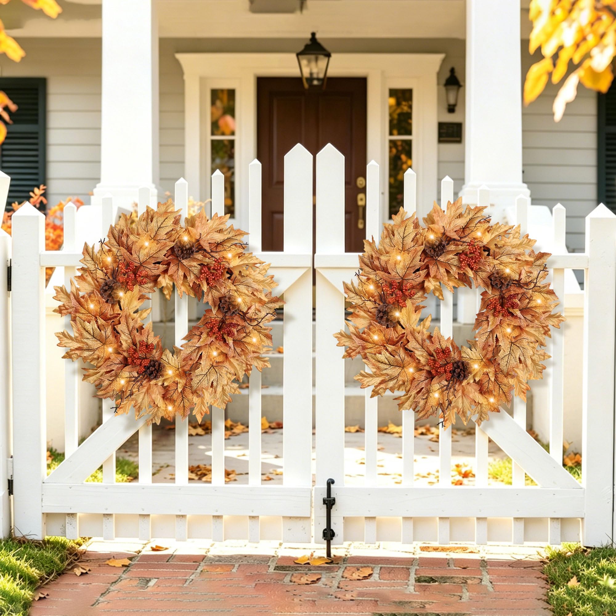 Couronne d'automne pré-éclairée de 61 cm pour porte d'entrée avec