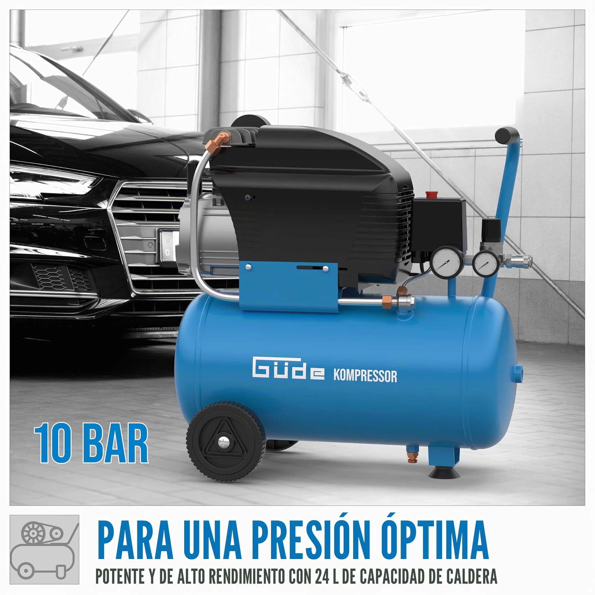 Güde Compresor 231/10/24 (lubricado con aceite, máx. 10 bar, 1500 W, caldera 24 l, potencia de aspiración 206 l/min, reductor de presión, 2 x manómetros, válvula de seguridad, tapón de drenaje de
