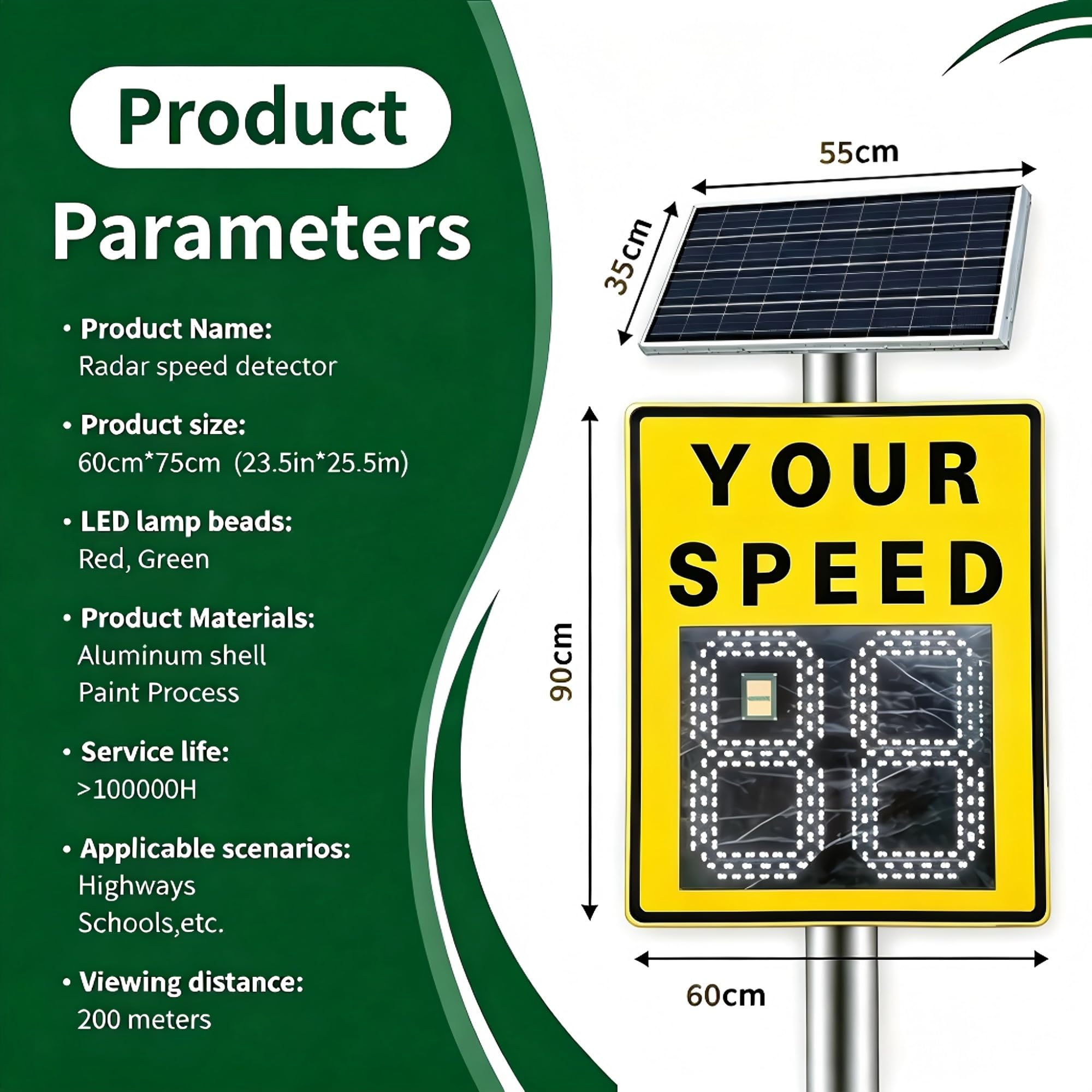 Señal de límite de velocidad con radar solar, control remoto, resistente al agua IP65, LED, 23,6 x 35,4 pulgadas, para exteriores.
