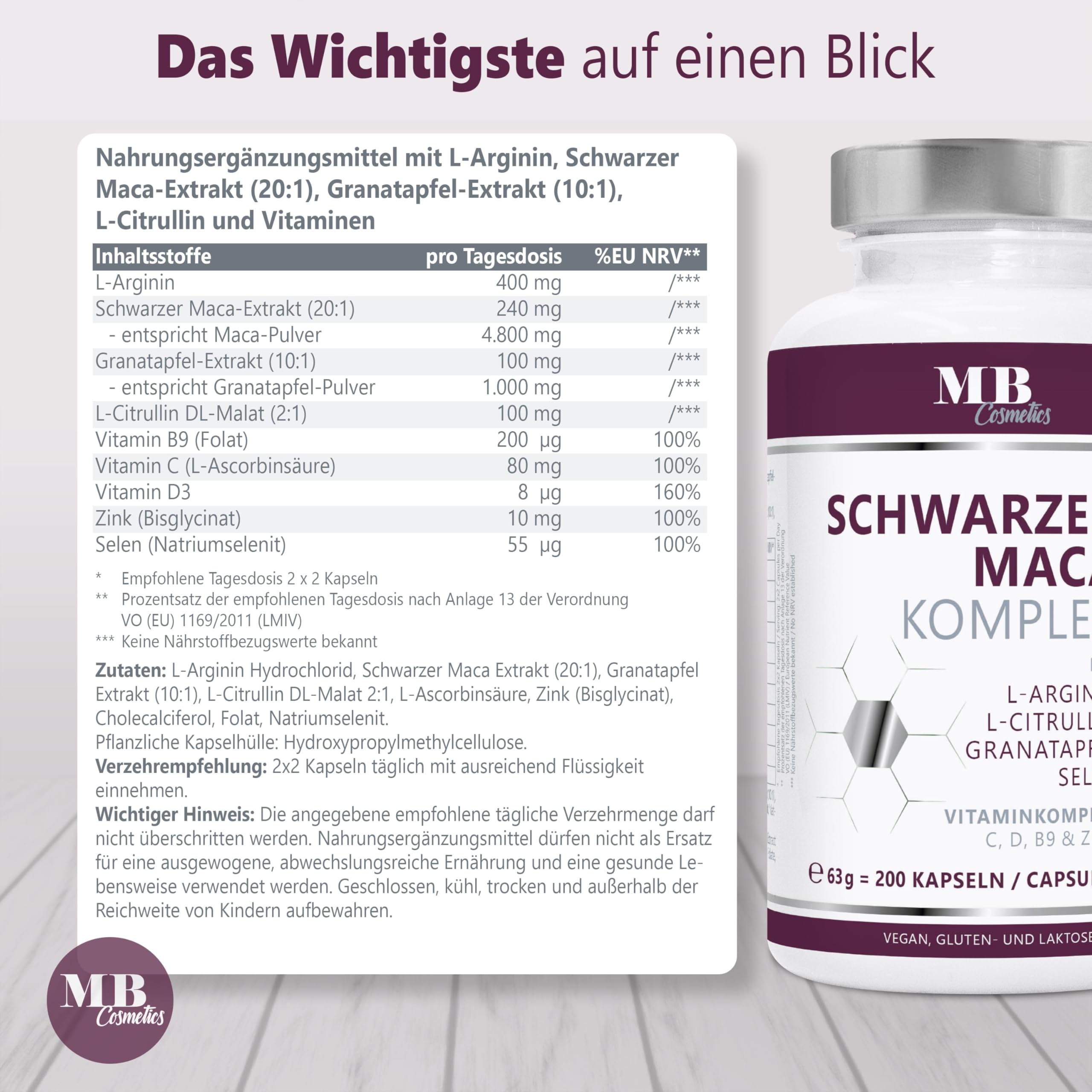 Maca Kapseln 4800mg je Tagesdosis - 200 Maca hochdosiert mit L-Arginin, Granatapfelextrakt, Vitamin C, D, Selen, Zink und Citrullin – veganer 20:1 Maca Extrakt schwarz ohne Zusätze