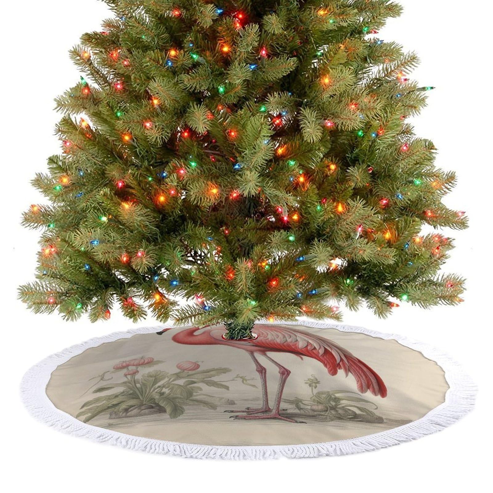 Art Flamingo Christmas Tree Skirt 48"x48" Rustic Xmas Tree Mat with Tassel Ornament Christmas Trees Cover Skirt Mat for Evergreen Trees Ornament Winter Holiday Mats Decorations