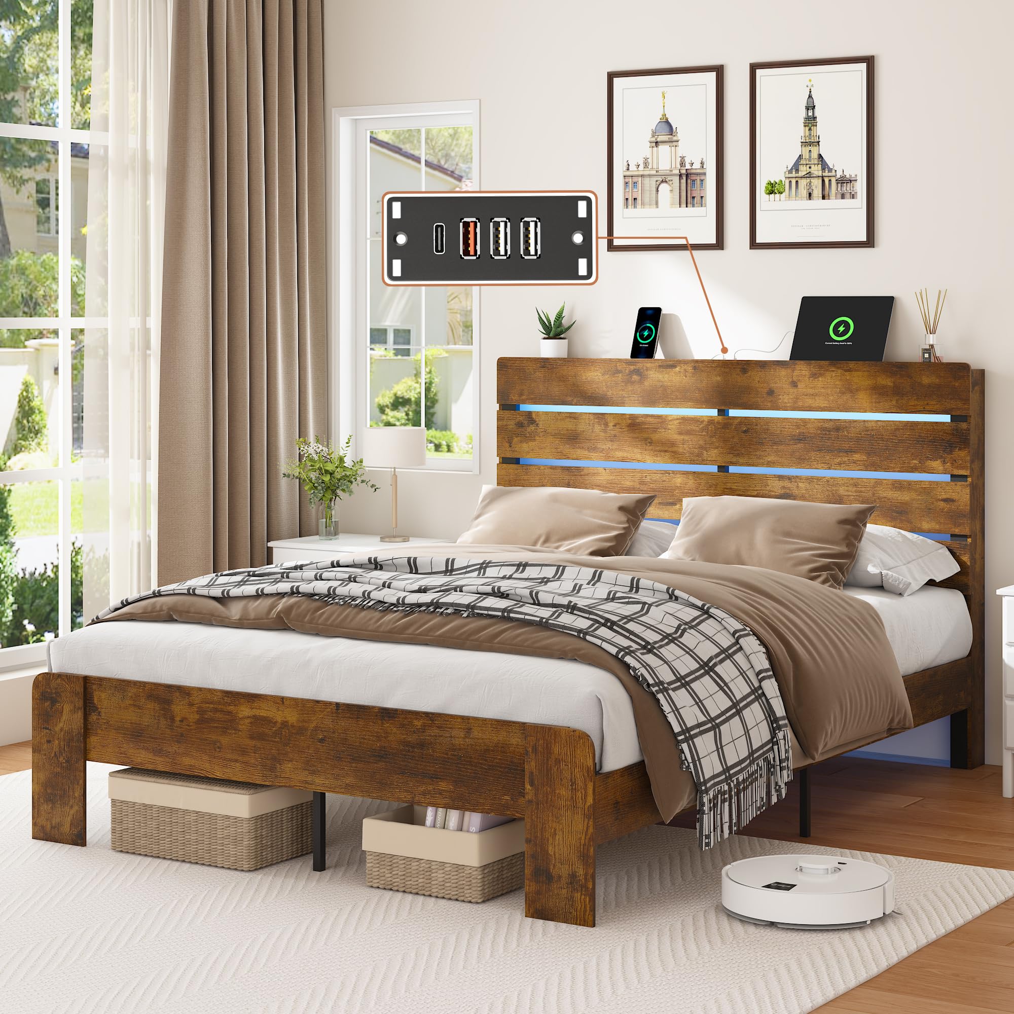 Bellemave Rustic Full Size Bed Frame with Charging Station and Headboard,Wooden Platform Bed Frame Full Size with LED Lights and Wood Slats,Easy Assembly,Rustic Brow