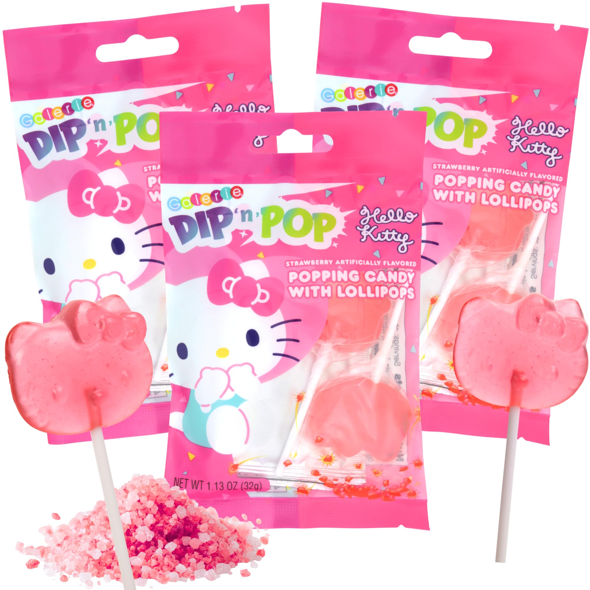 Hello Kitty Lollipops with Popping Candies, Strawberry Flavored Suckers, Easter Basket Stuffer Candy, 1.13 Ounces (Pack of 3)