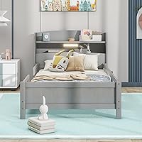 Vista 66 de Modern Full Size Platform Bed Storage Headboard and Safety Guardrail for Kids, Function Wood Platform Bed Frame with Built-in LED Light for Boy