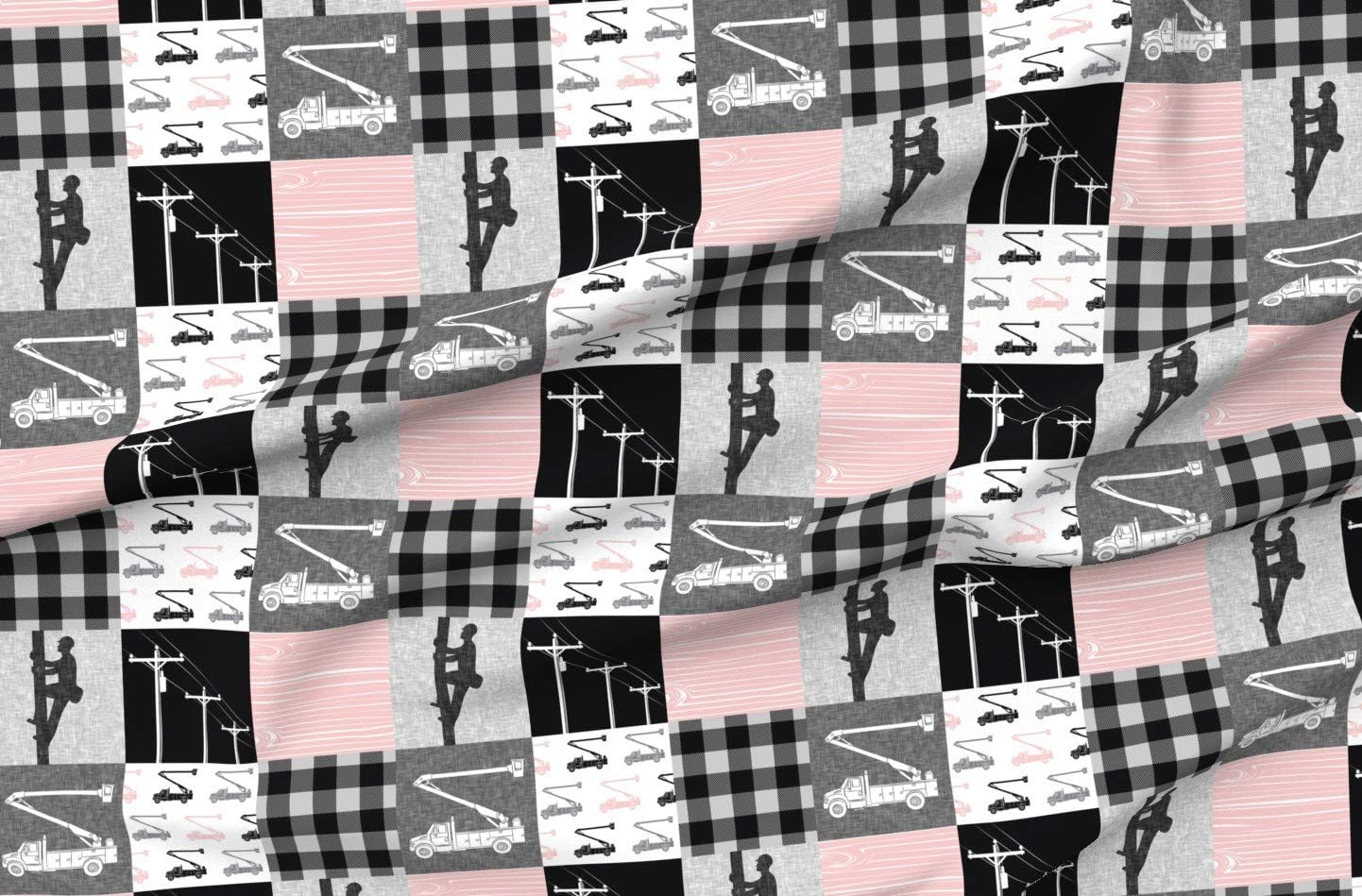 Spoonflower Fabric - Lineman Patchwork Pink Plaid Bucket Truck Girl Utility Printed on Minky Fabric by The Yard - Sewing Baby Blankets Quilt Backing Plush
