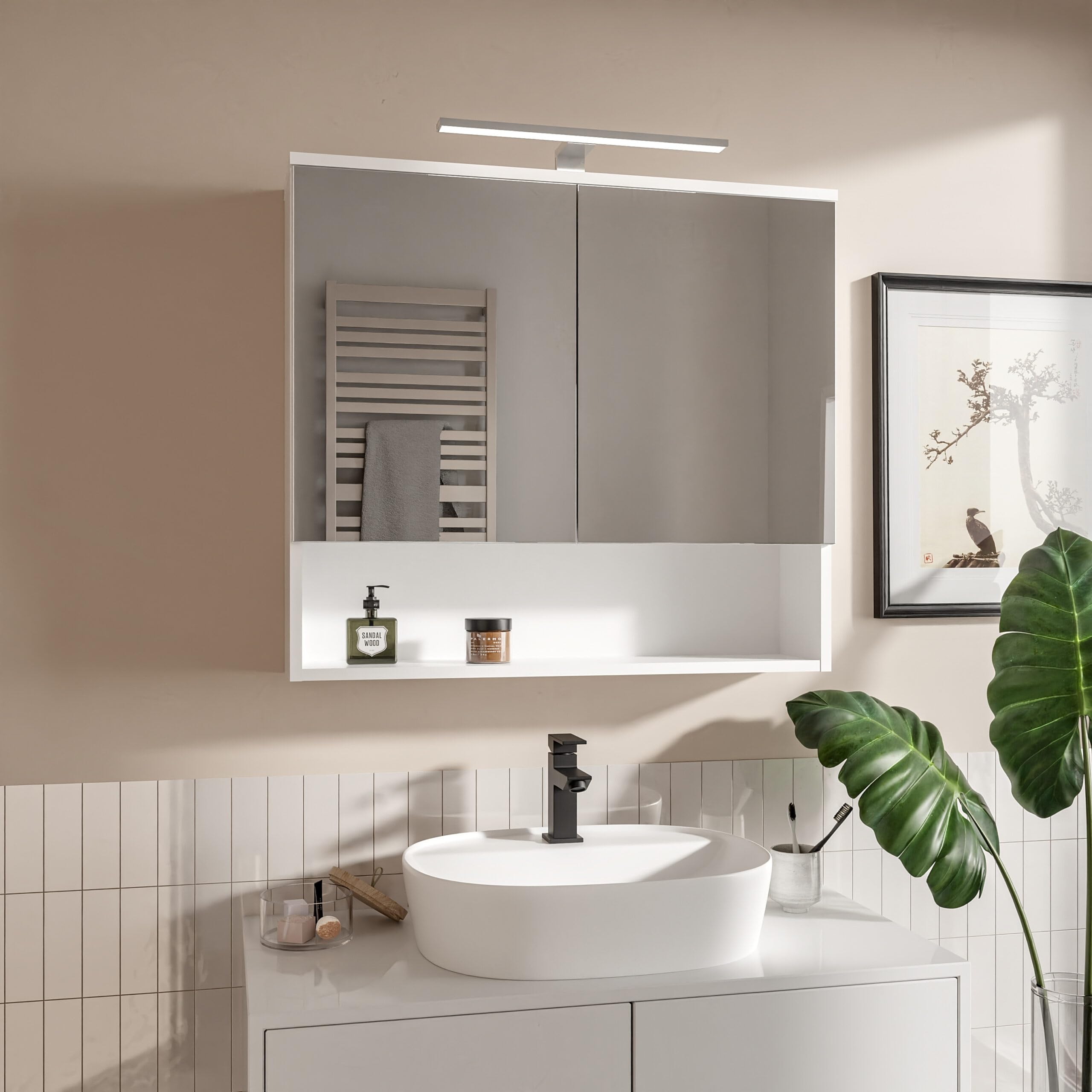 Szafka Łazienkowa LED Biała Mat Wisząca Dwudrzwiowa z Lustrem - 78x70 cm - Funkcja cichego domykania - Szafka ścienna z oświetleniem LED 4000 k do łazienki Wodoszczelność IP44