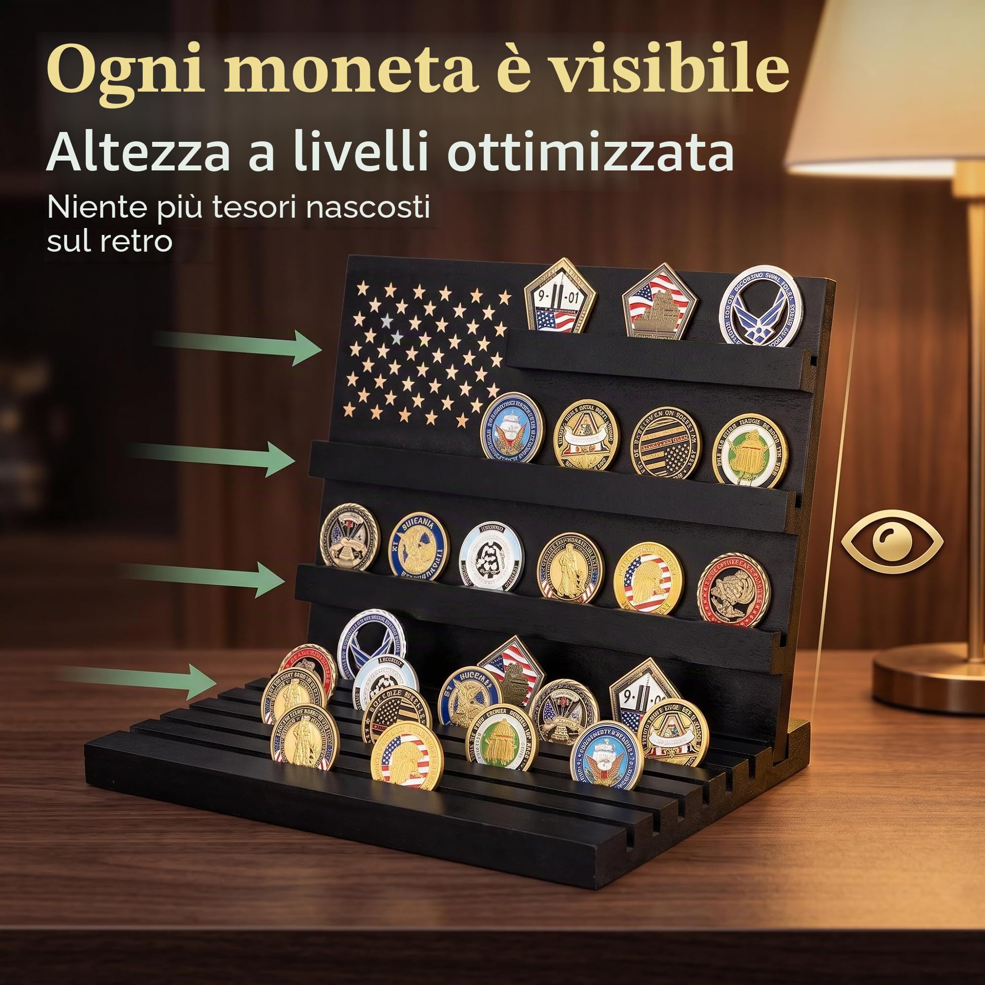 Porta Medaglie in Legno Massello, Espositore Inclinato per Medaglie e Monete da Collezione, Porta Monete da Collezione con Capacità 15-18 Oggett,Vetrinetta per Oggetti da Collezione