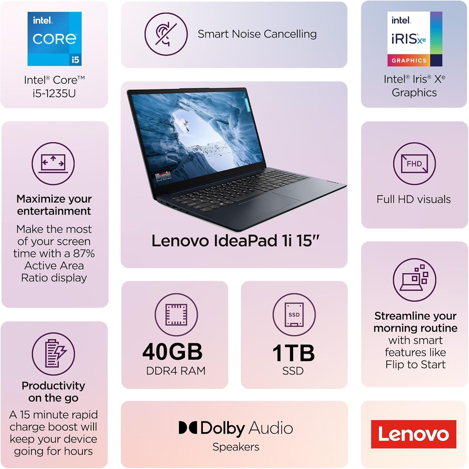 Lenovo IdeaPad 1 (15.6" FHD Anti-Glare, Intel Core i5-1235U (> i7-1165G7), 40GB RAM, 1TB SSD), Laptop for Home, Student, Business, Webcam w/ Shutter, Long Battery Life, Win 11 Home in S Mode - Image 2