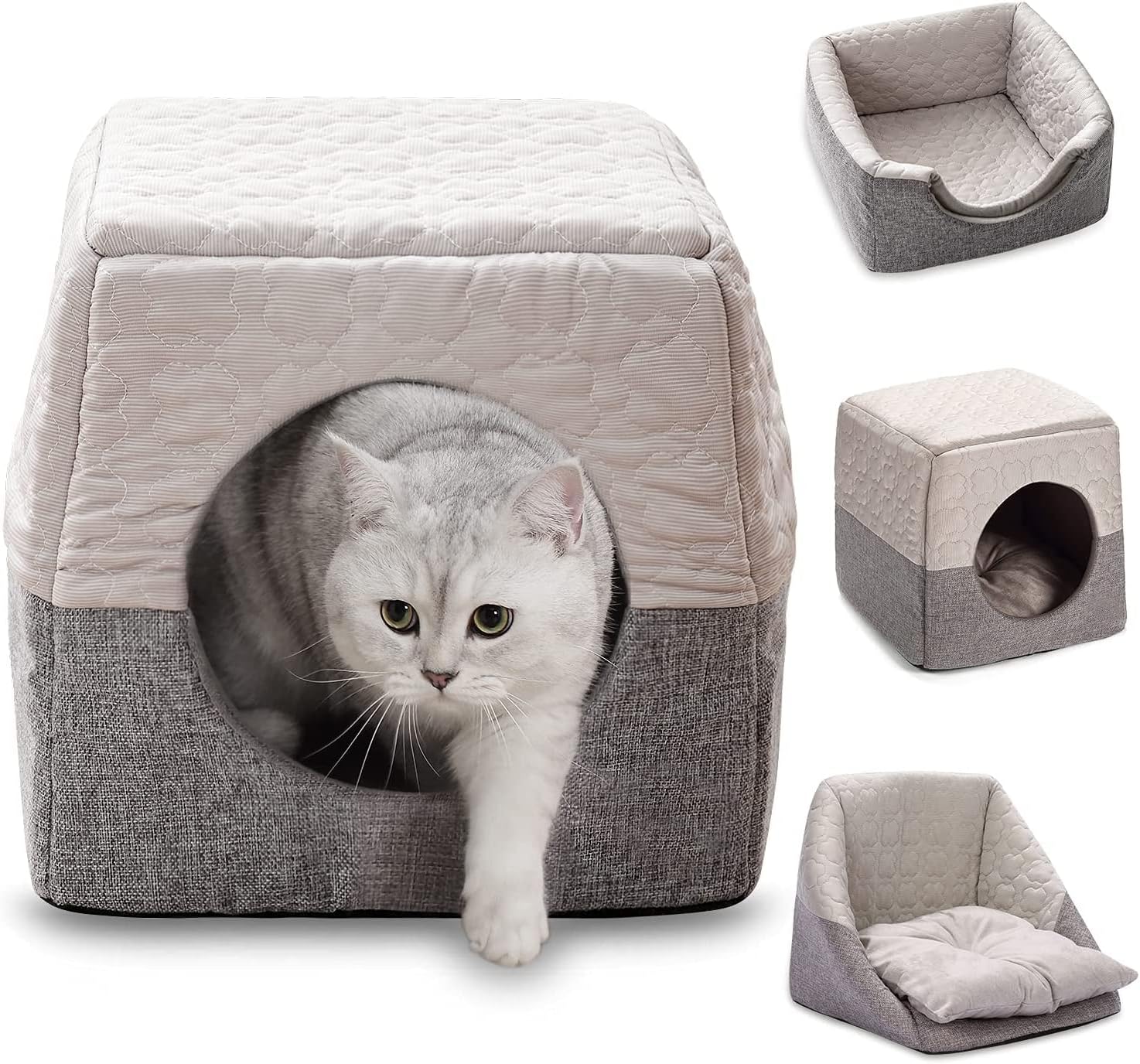 DREAMSOULE Cat Cosy Cube Lgloo Bed, 3-in-1 Foldable Cat Dog Soft Sofa Cave Bed,Cool and Warm Tent Cave Microfiber Bed House with Removable Washable Cushion Pillow for Indoor Cats Small Dogs Puppy Pets