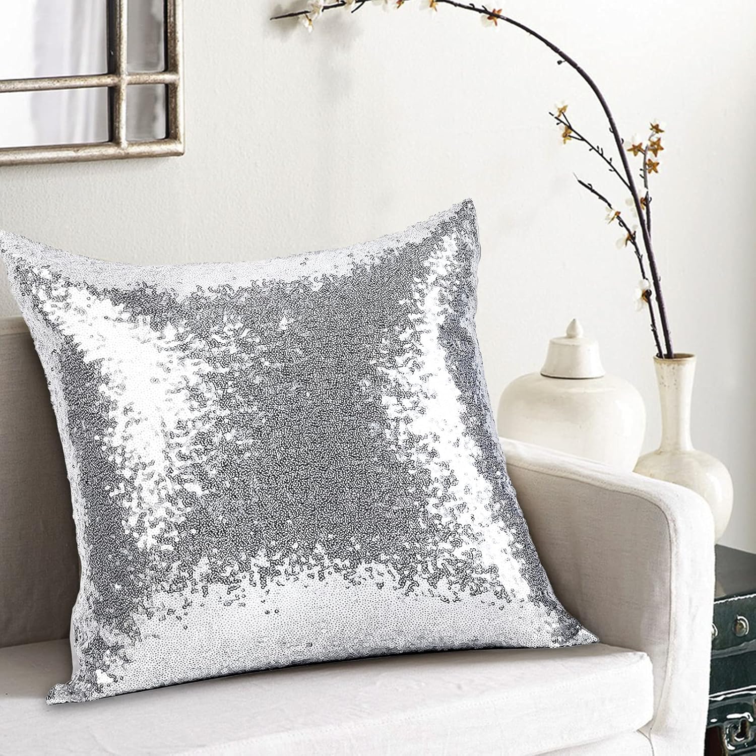 2PCS Sequins Pillows Sliver Decorative Throw Pillows,18"x18" Textile Glitter Square Solid Throw Pillow Covers Cushion Case Hidden Zipper Design for Home Decoration Bed Living Room Party Wedding #Silver