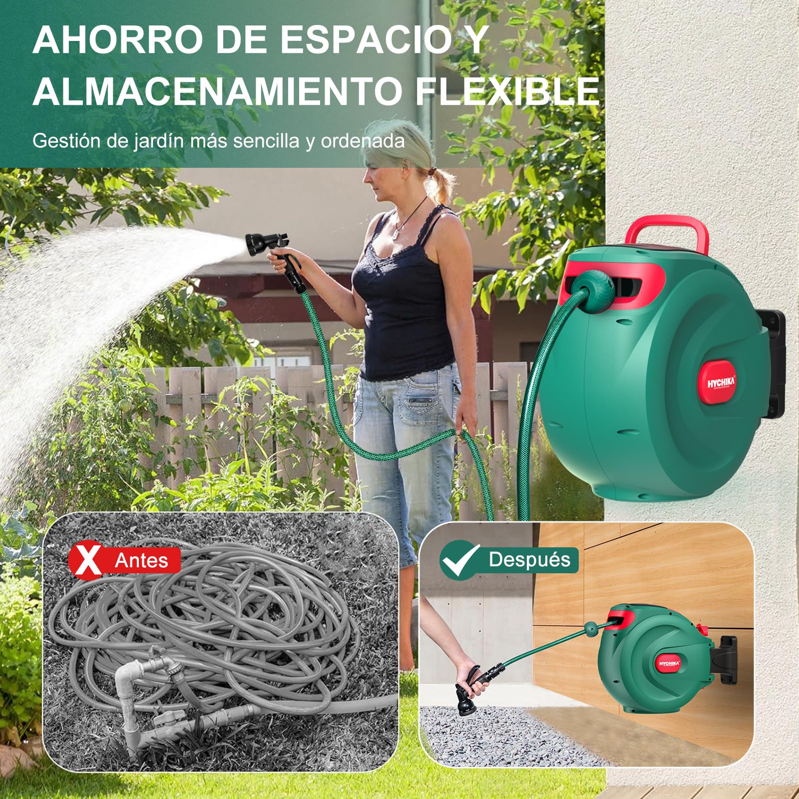 HYCHIKA Enrollador Manguera Jardin 30M - Carrete Retráctil Manguera para Pared, Bloqueo Automático, Pistola 8 Funciones, Caja Giratoria 180°, Almacenaje Seguro Riego Exterior